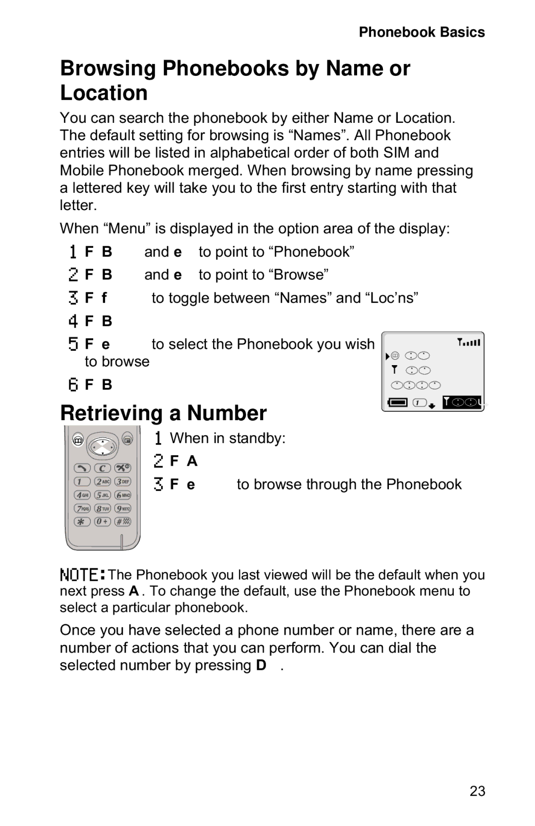 Panasonic EB-GD90 operating instructions Browsing Phonebooks by Name or Location, Retrieving a Number 