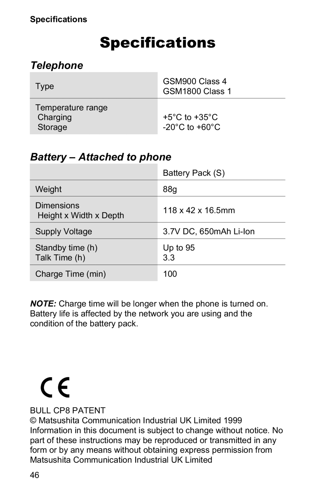 Panasonic EB-GD90 operating instructions Specifications, Telephone, Battery Attached to phone 