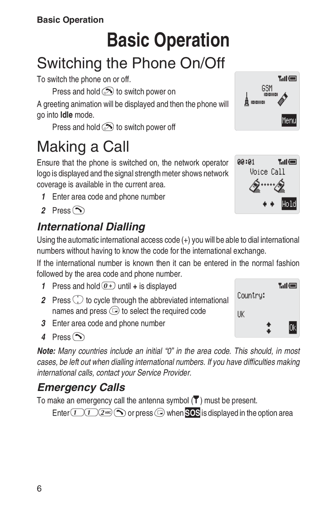 Panasonic EB-GD92 Basic Operation, Switching the Phone On/Off, Making a Call, International Dialling, Emergency Calls 