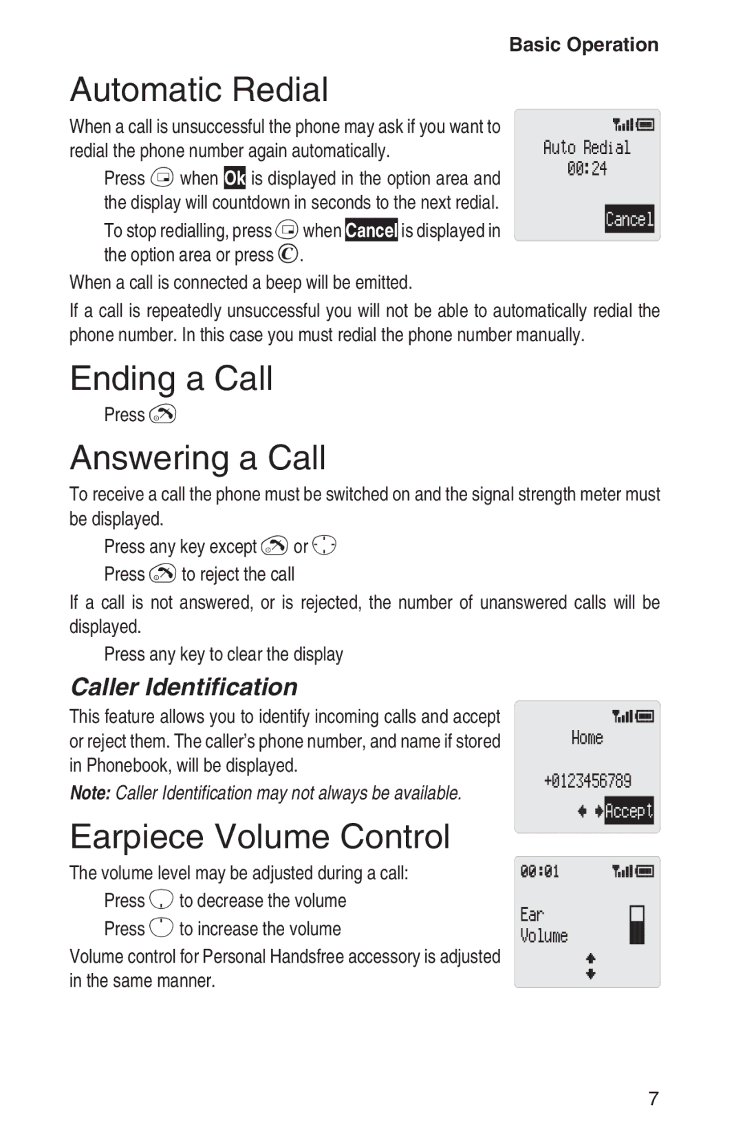 Panasonic EB-GD92 Automatic Redial, Ending a Call, Answering a Call, Earpiece Volume Control, Caller Identification 