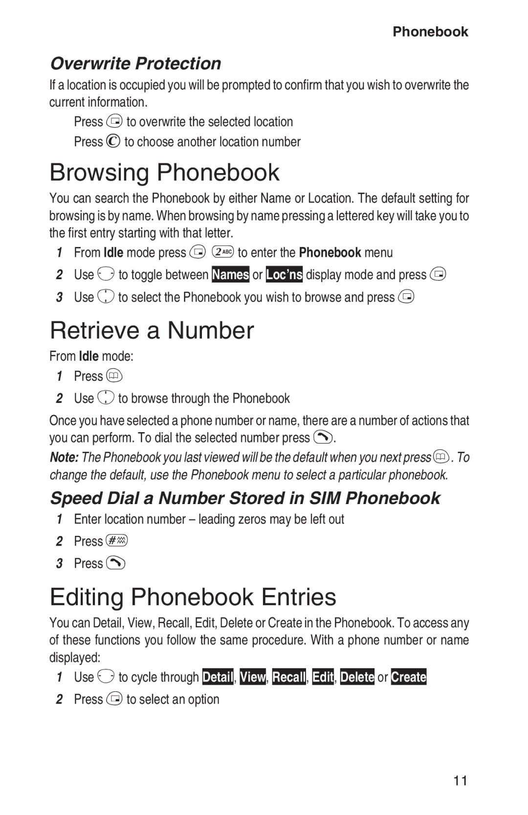 Panasonic EB-GD92 Browsing Phonebook, Retrieve a Number, Editing Phonebook Entries, Overwrite Protection 