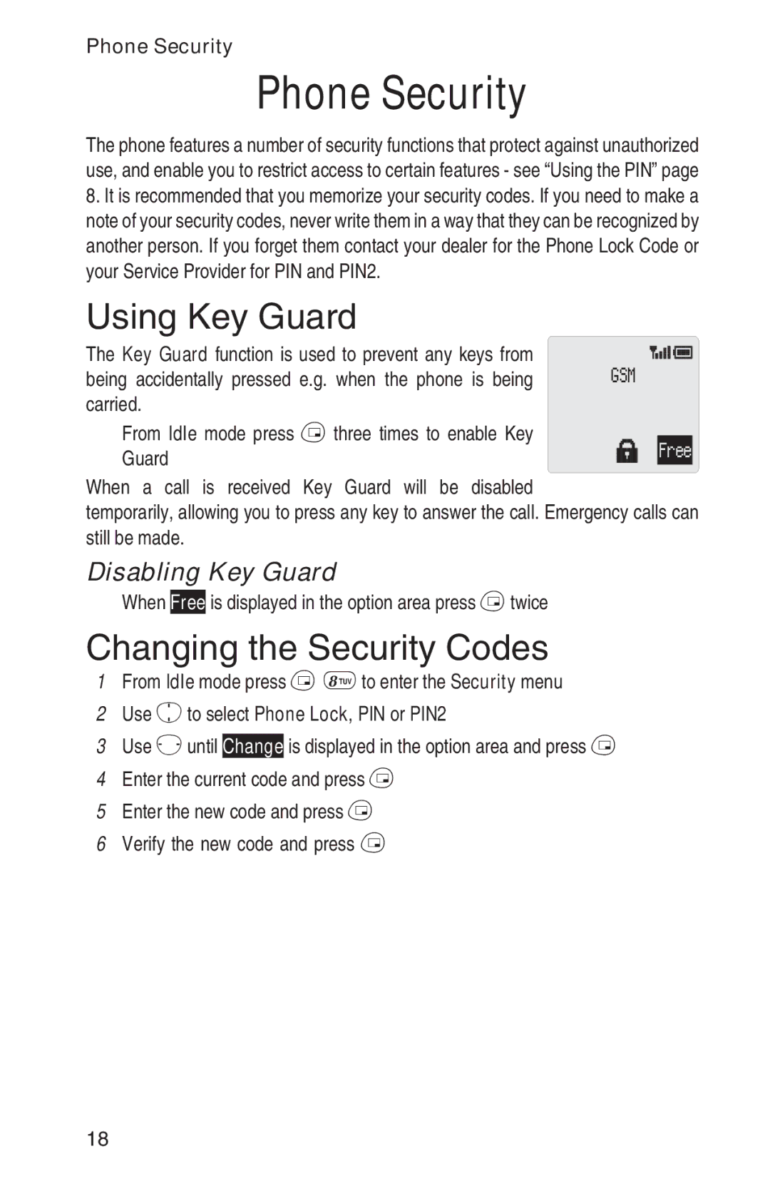 Panasonic EB-GD92 operating instructions Phone Security, Using Key Guard, Changing the Security Codes, Disabling Key Guard 