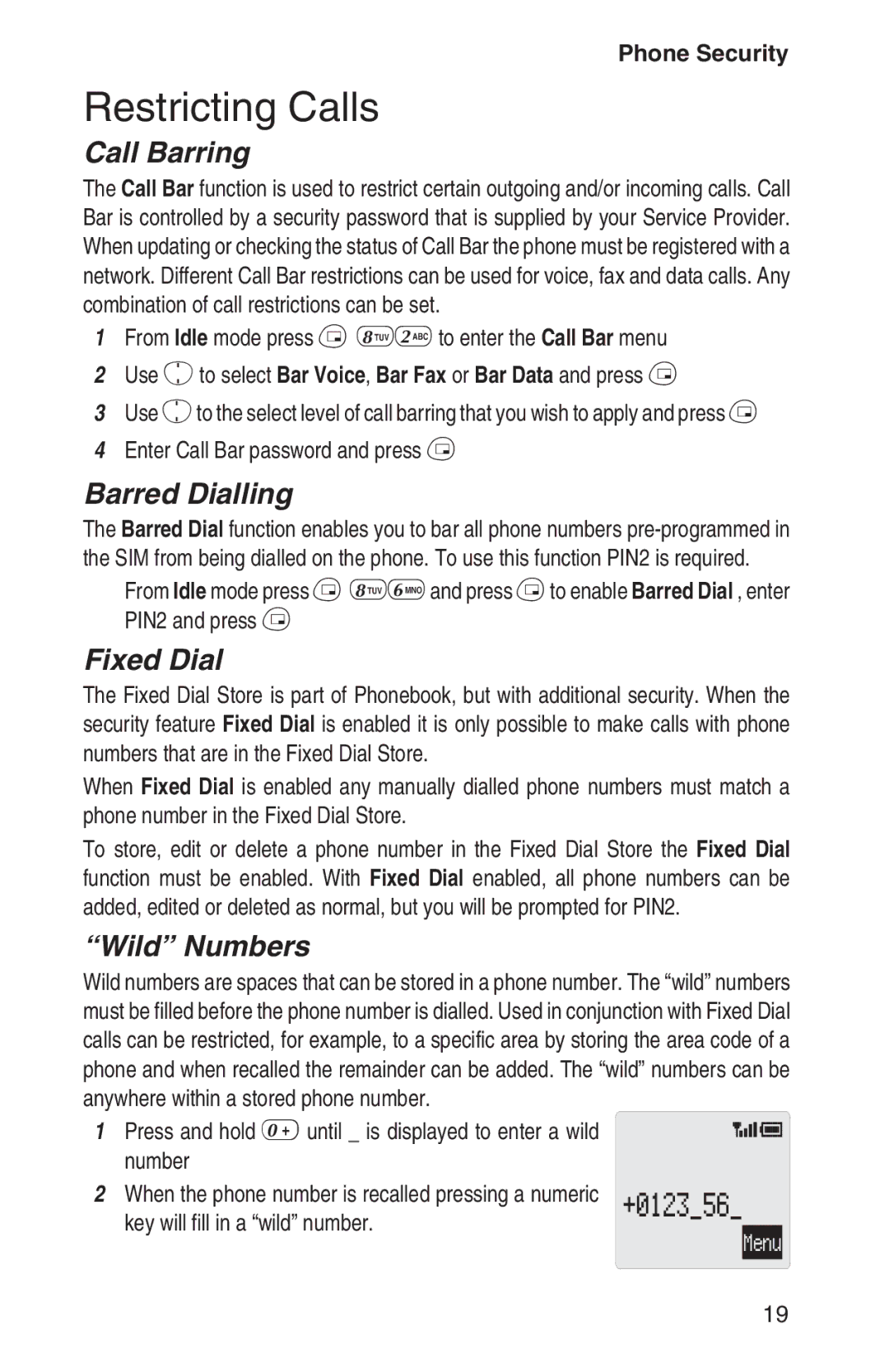 Panasonic EB-GD92 operating instructions Restricting Calls, Call Barring, Barred Dialling, Fixed Dial, Wild Numbers 