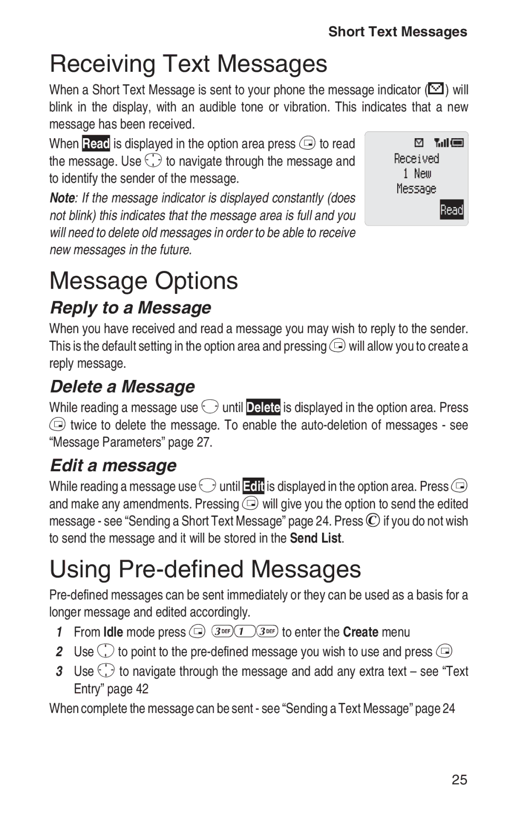 Panasonic EB-GD92 operating instructions Receiving Text Messages, Message Options, Using Pre-defined Messages 