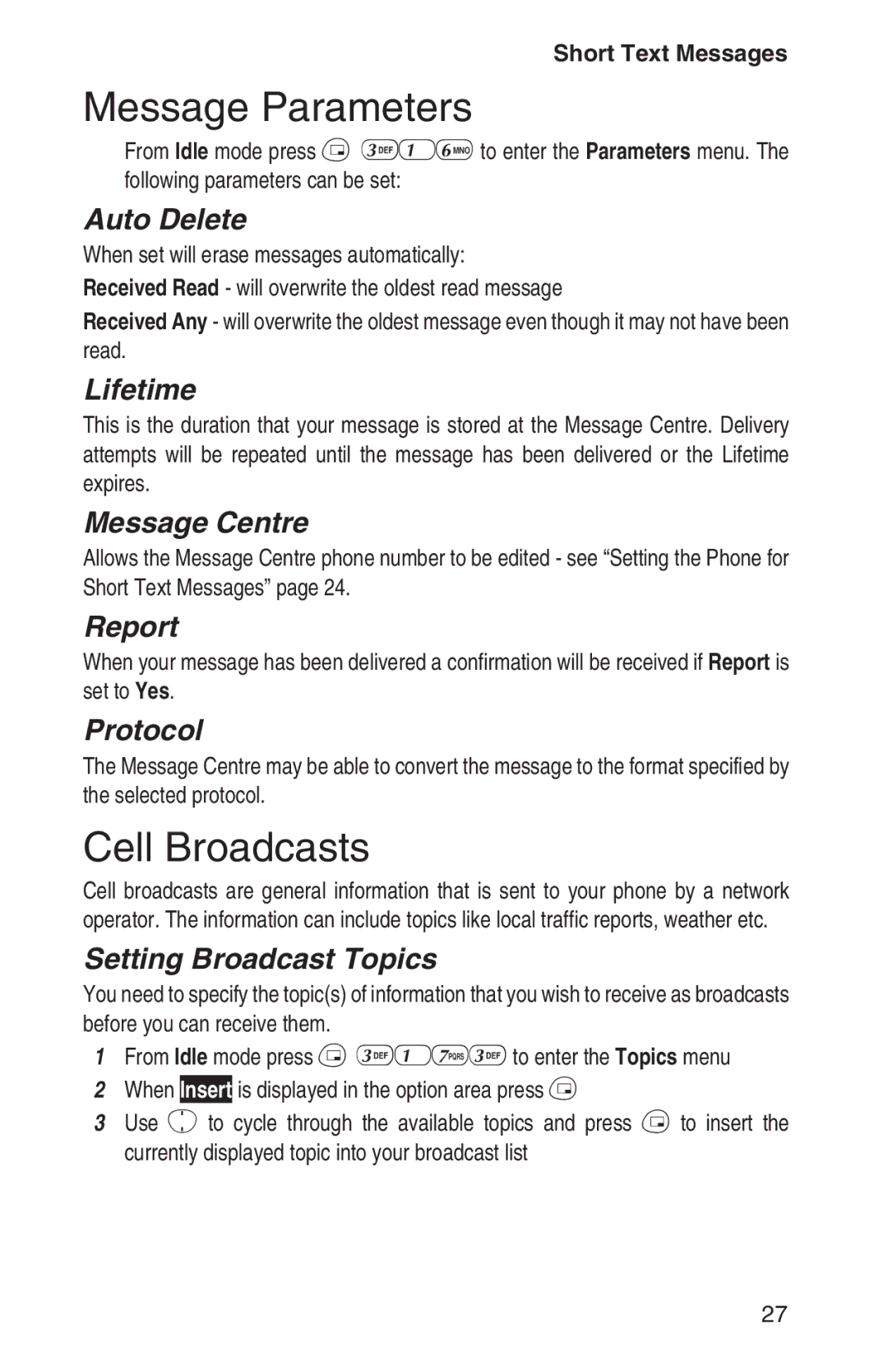 Panasonic EB-GD92 operating instructions Message Parameters, Cell Broadcasts 