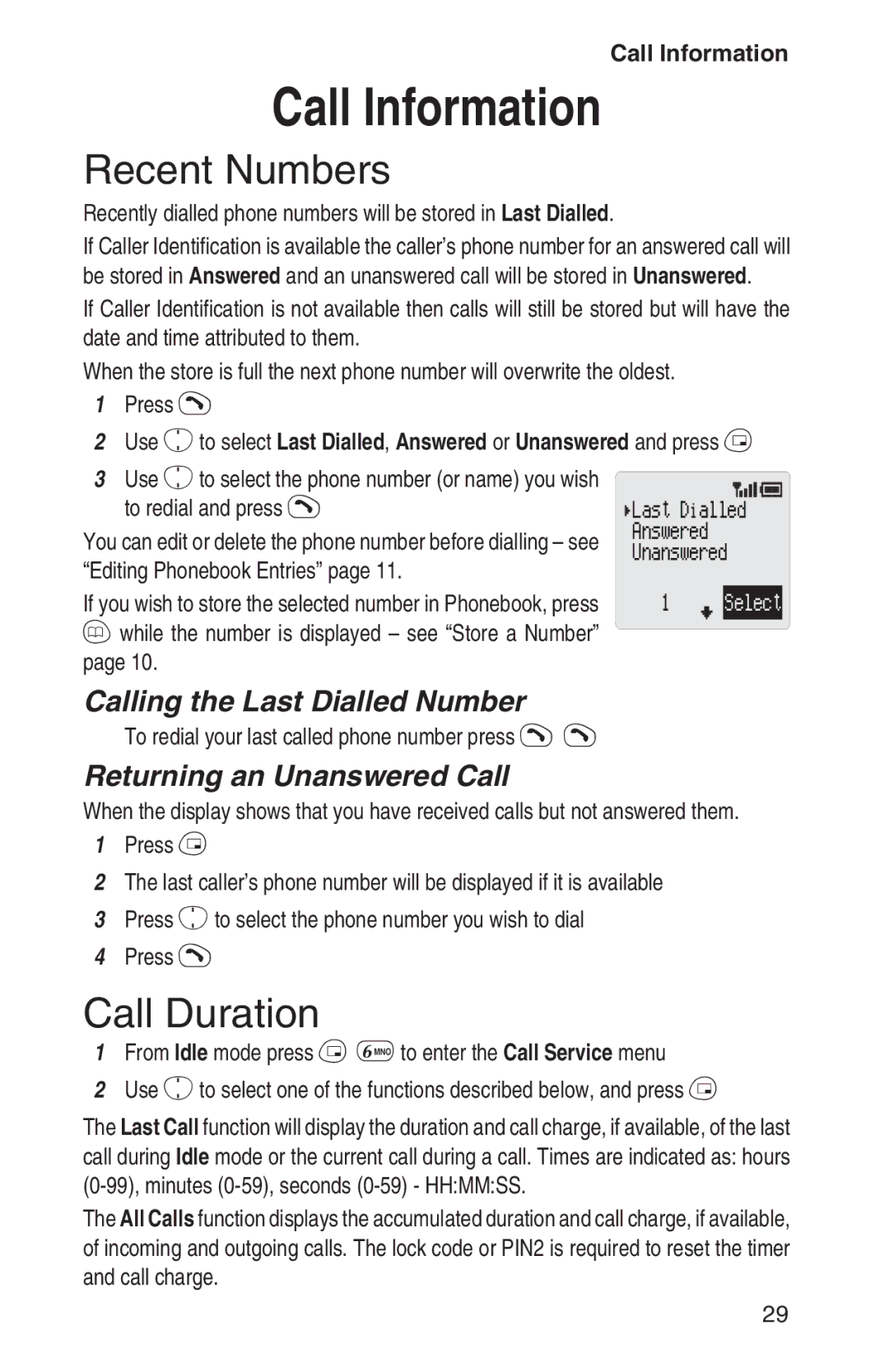 Panasonic EB-GD92 operating instructions Call Information, Recent Numbers, Call Duration, Calling the Last Dialled Number 