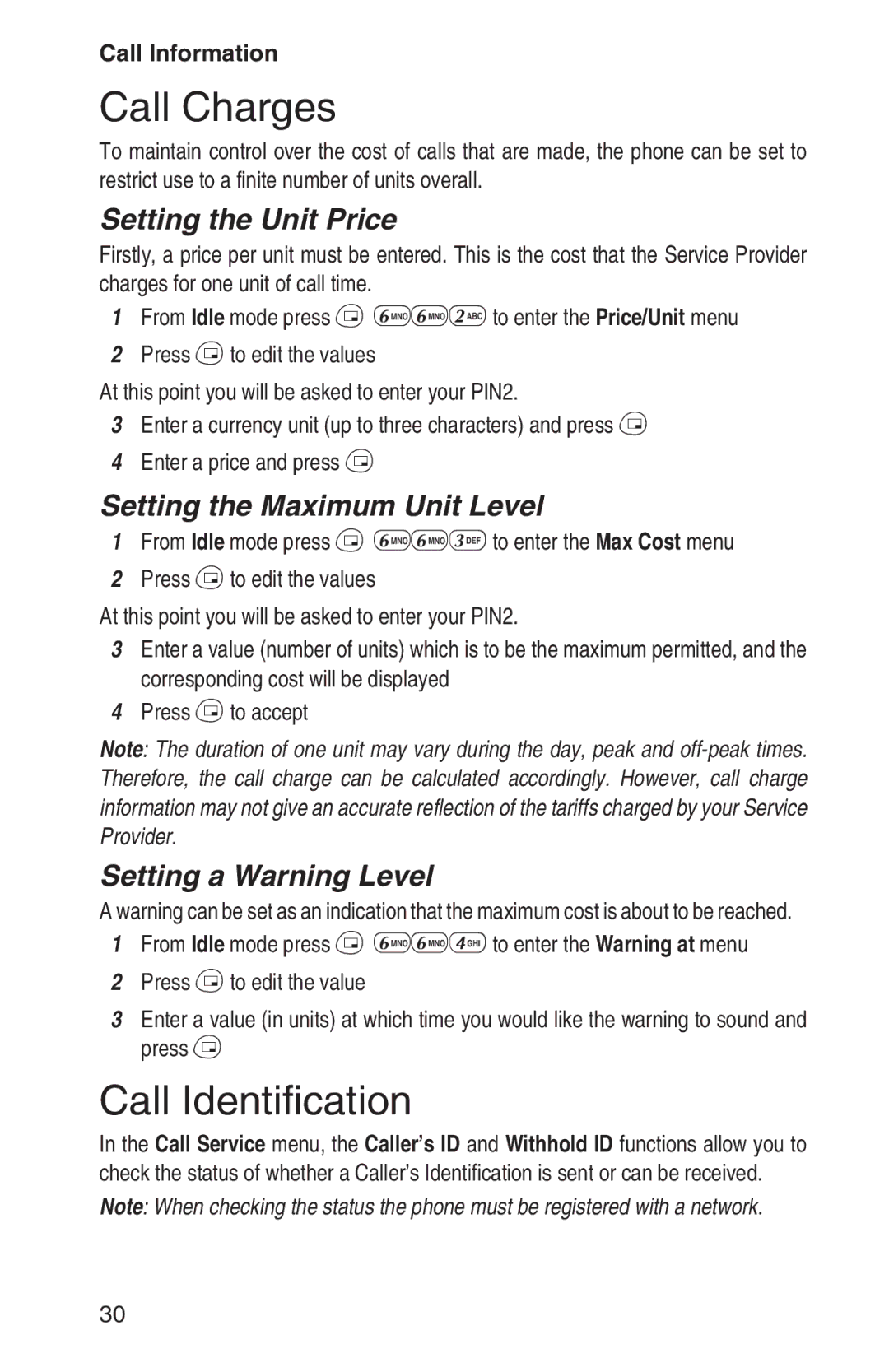 Panasonic EB-GD92 Call Charges, Call Identification, Setting the Unit Price, Setting the Maximum Unit Level 