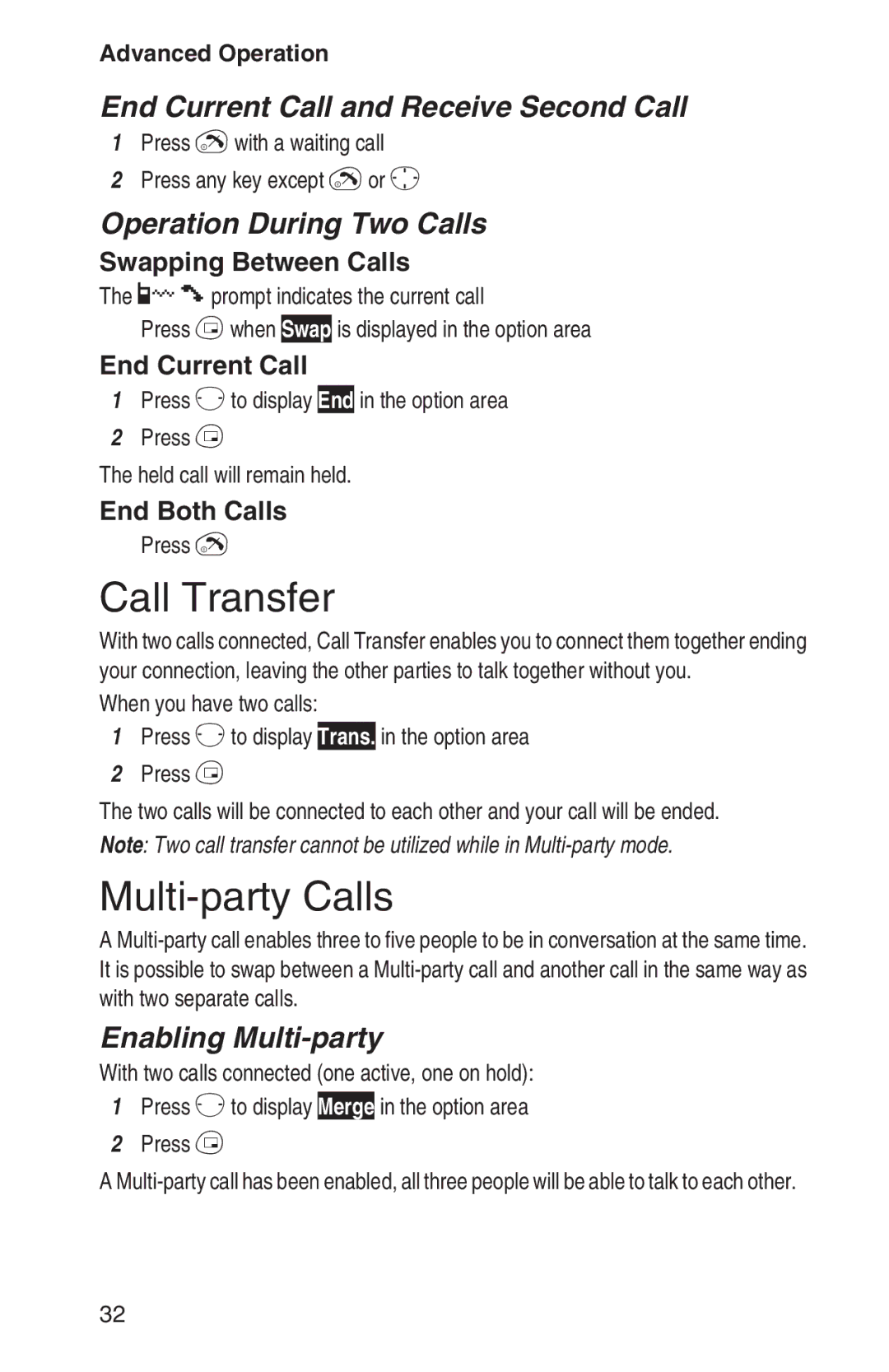 Panasonic EB-GD92 Call Transfer, Multi-party Calls, End Current Call and Receive Second Call, Operation During Two Calls 