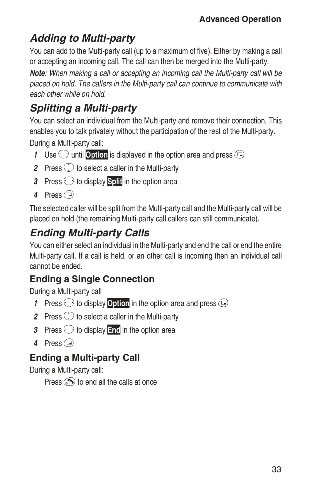 Panasonic EB-GD92 Adding to Multi-party, Splitting a Multi-party, Ending Multi-party Calls, Ending a Single Connection 