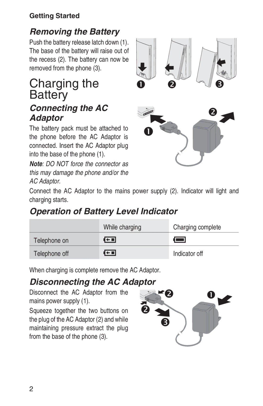 Panasonic EB-GD92 Charging Battery, Removing the Battery, Connecting the AC Adaptor, Operation of Battery Level Indicator 