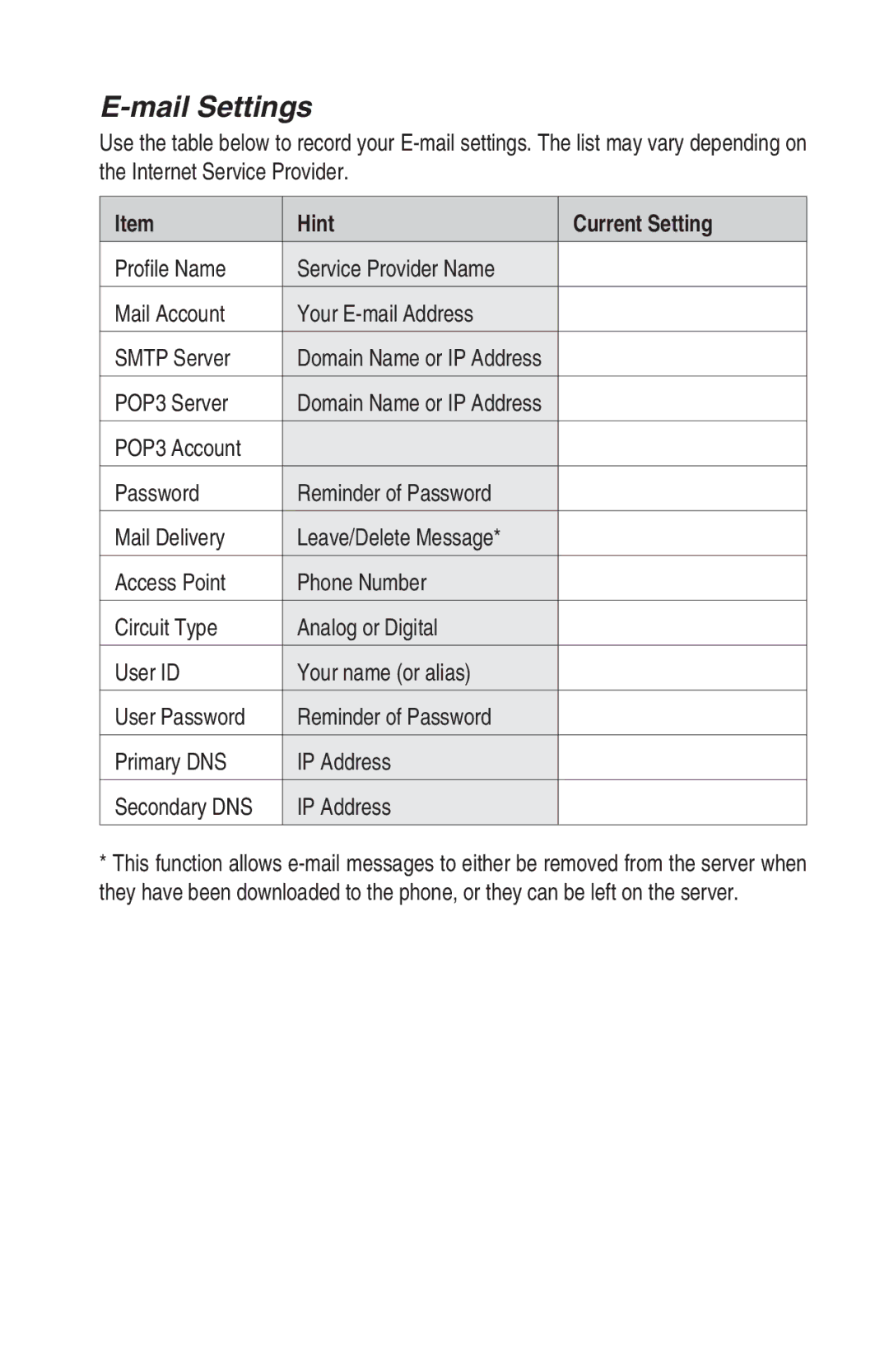 Panasonic EB-GD92 operating instructions Mail Settings, POP3 Server 