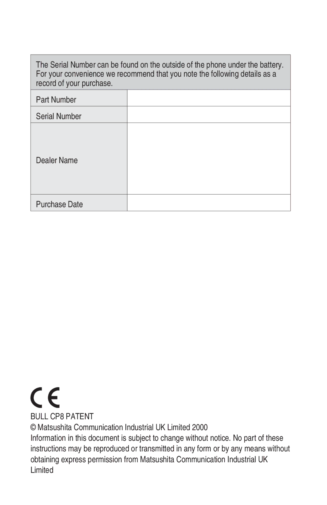 Panasonic EB-GD92 operating instructions Bull CP8 Patent 