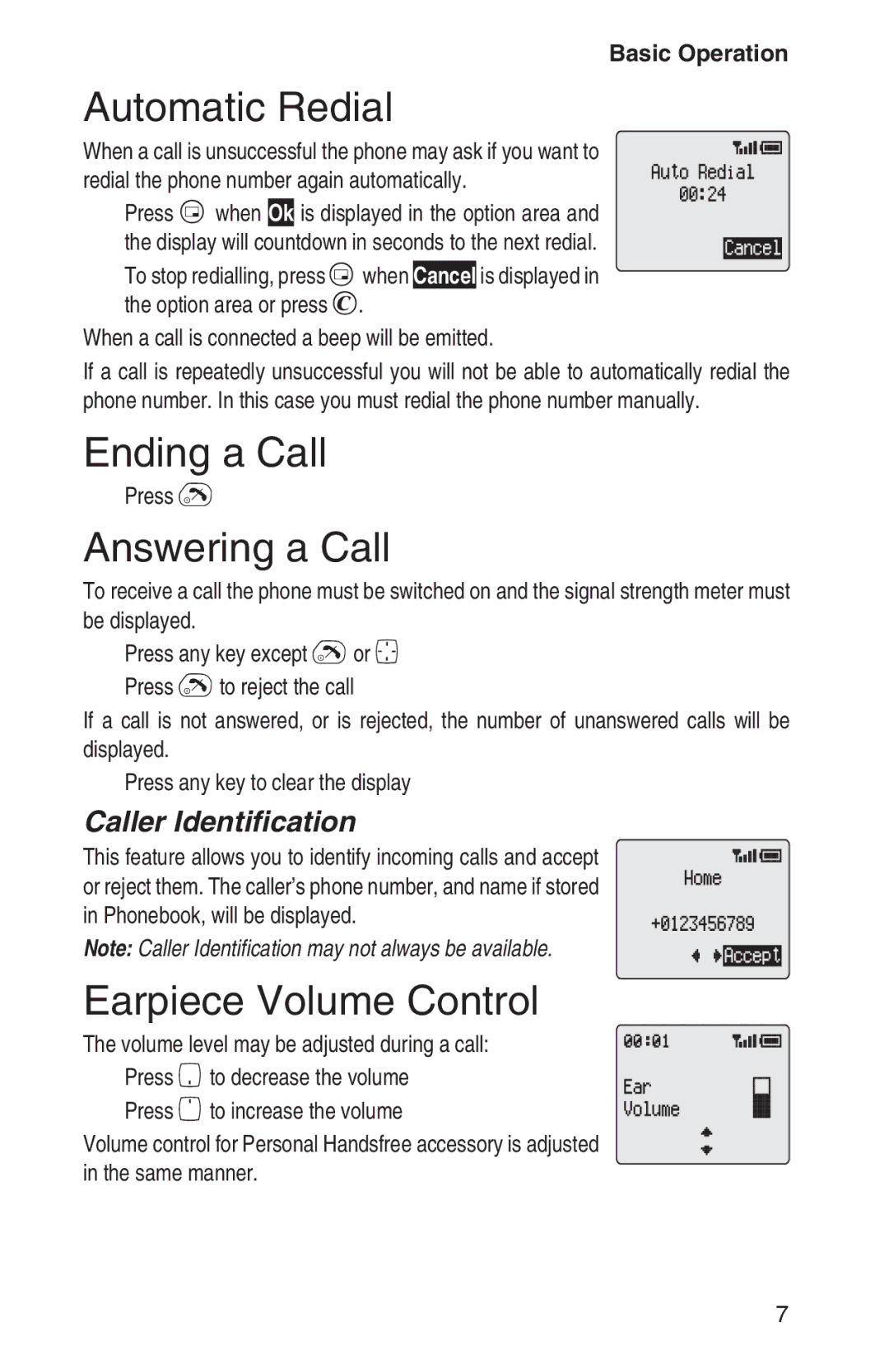 Panasonic EB-GD93 Automatic Redial, Ending a Call, Answering a Call, Earpiece Volume Control, Caller Identification 