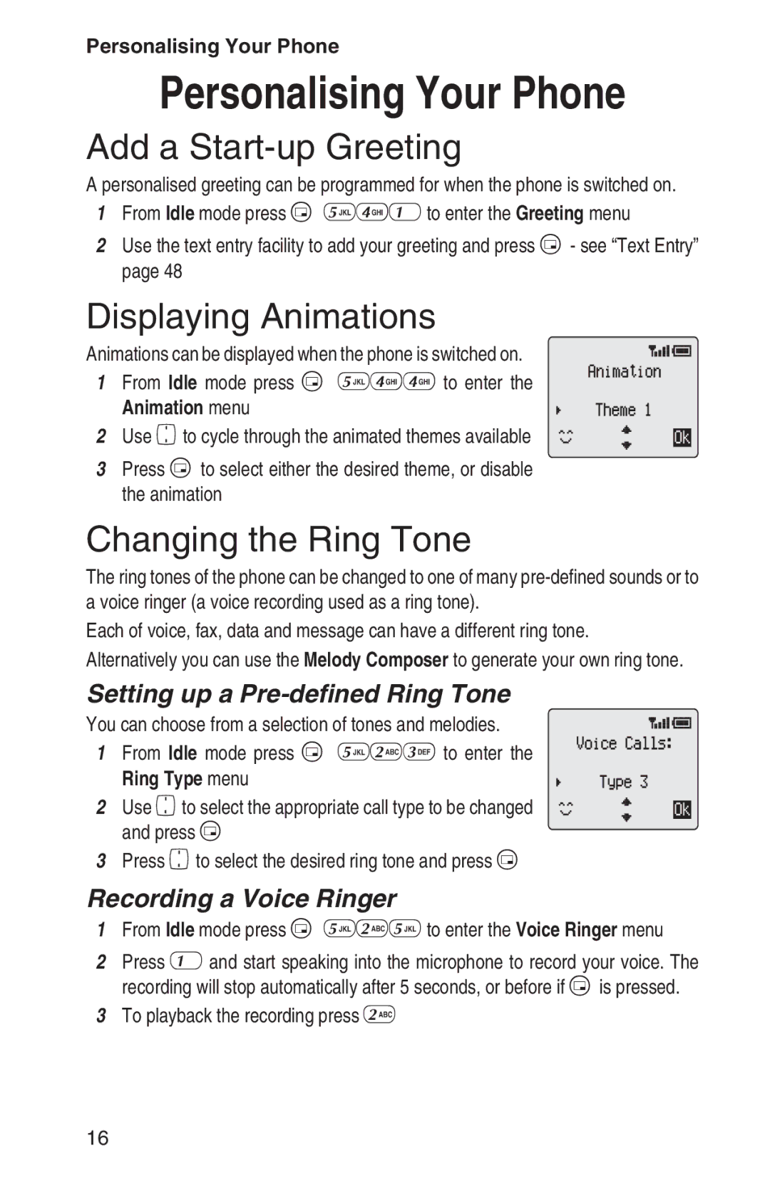 Panasonic EB-GD93 Personalising Your Phone, Add a Start-up Greeting, Displaying Animations, Changing the Ring Tone 