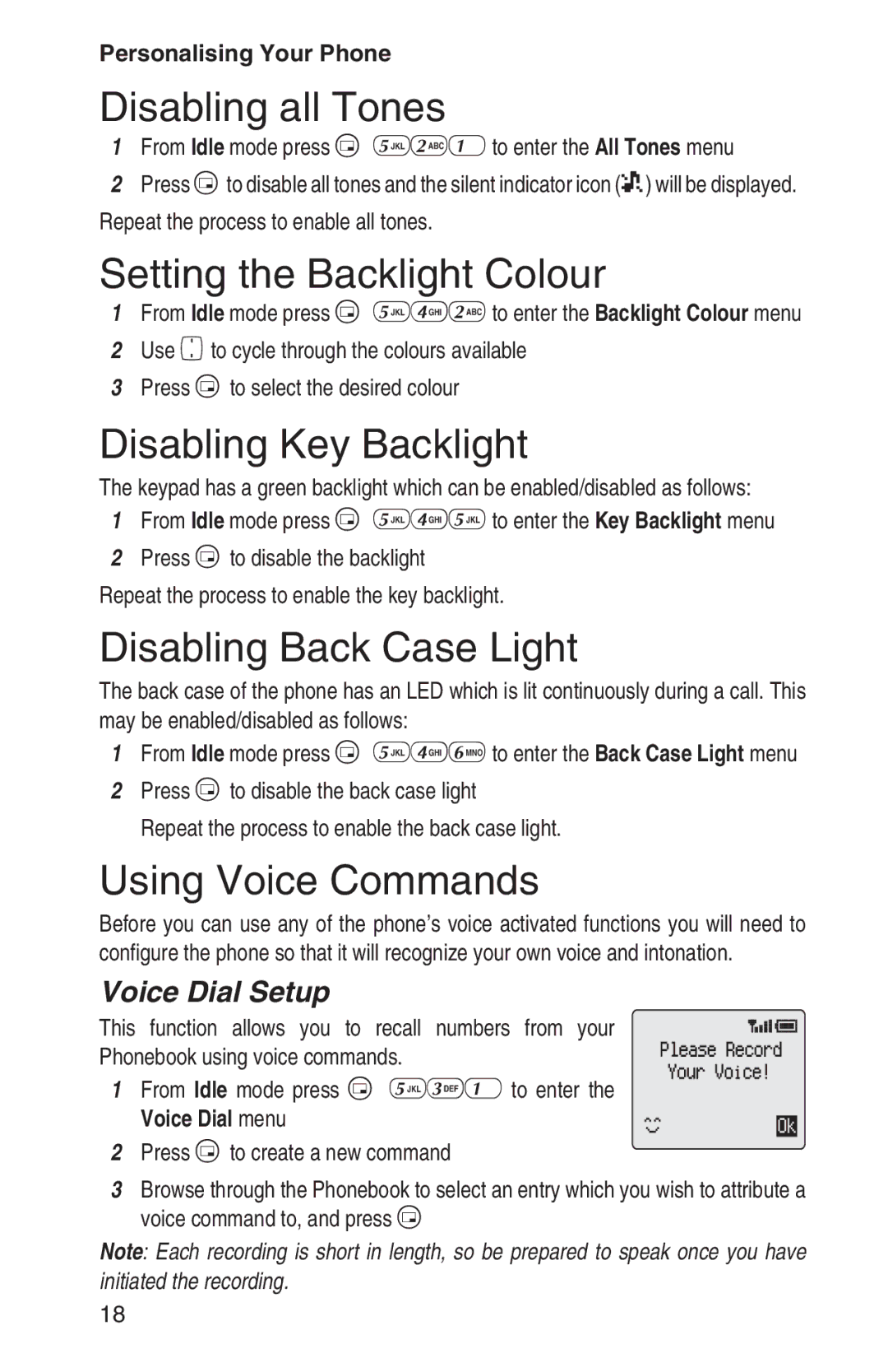 Panasonic EB-GD93 Disabling all Tones, Setting the Backlight Colour, Disabling Key Backlight, Disabling Back Case Light 