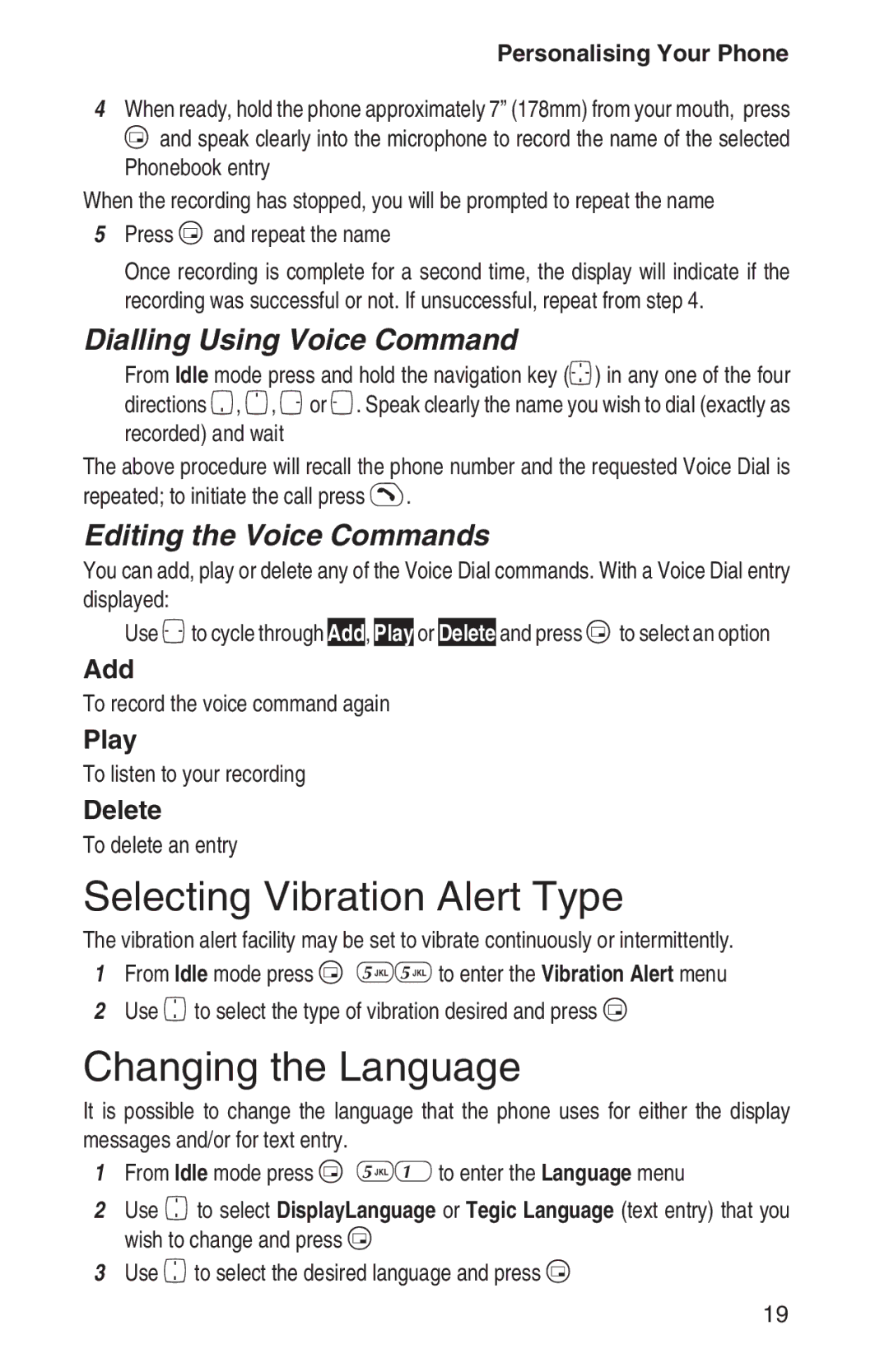 Panasonic EB-GD93 Selecting Vibration Alert Type, Changing the Language, Dialling Using Voice Command 