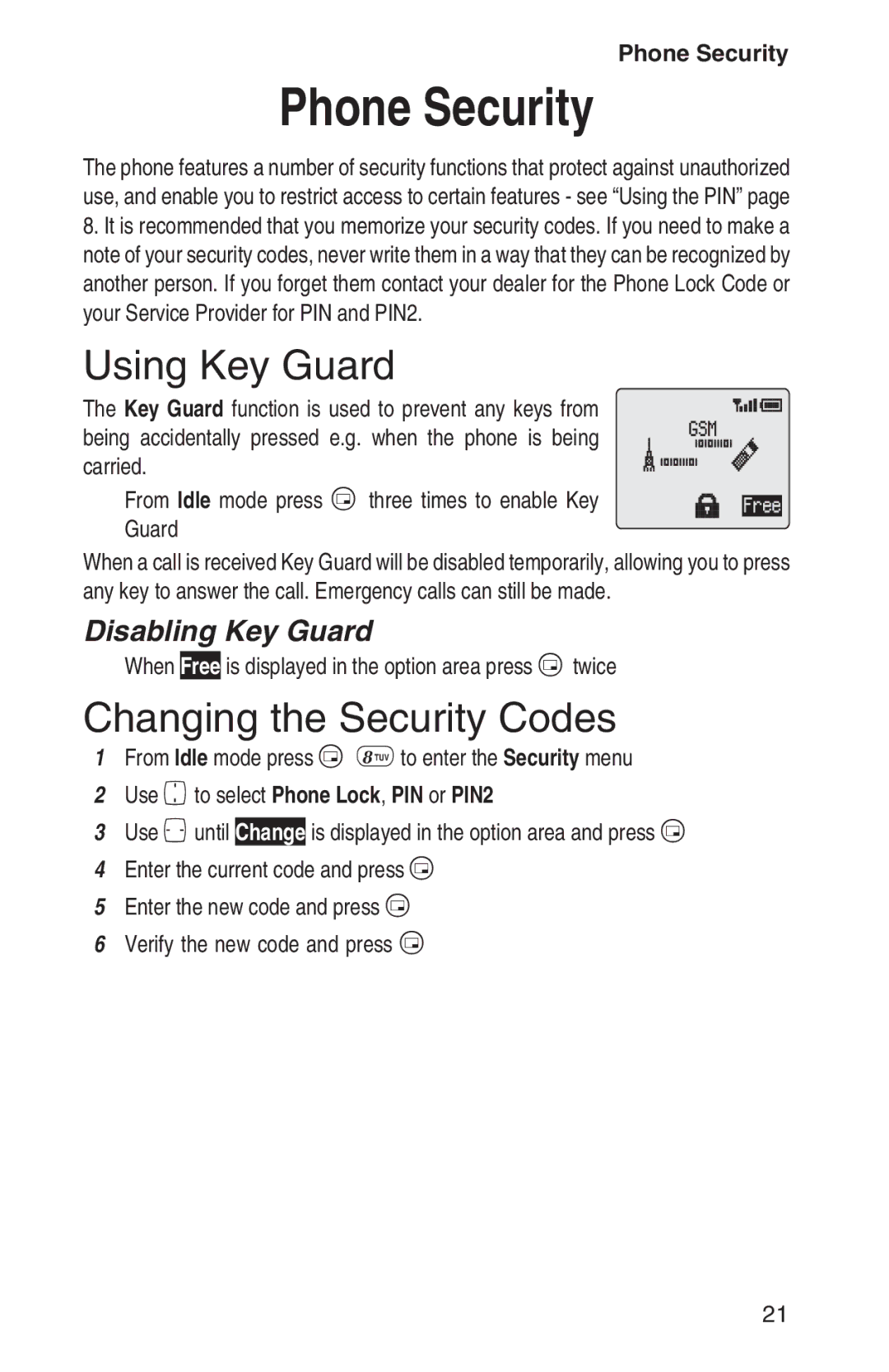 Panasonic EB-GD93 operating instructions Phone Security, Using Key Guard, Changing the Security Codes, Disabling Key Guard 