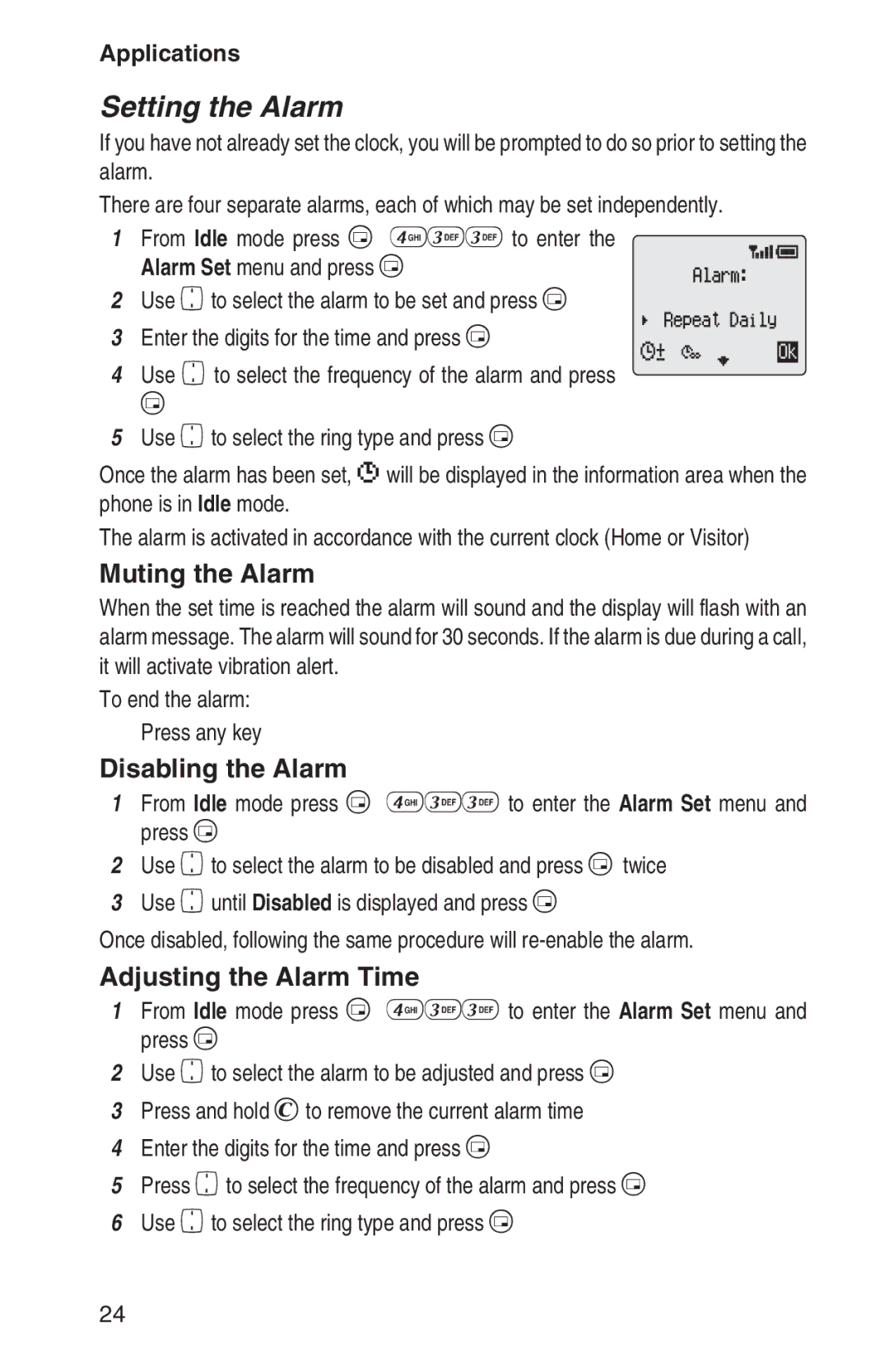 Panasonic EB-GD93 operating instructions Setting the Alarm, Muting the Alarm, Disabling the Alarm, Adjusting the Alarm Time 