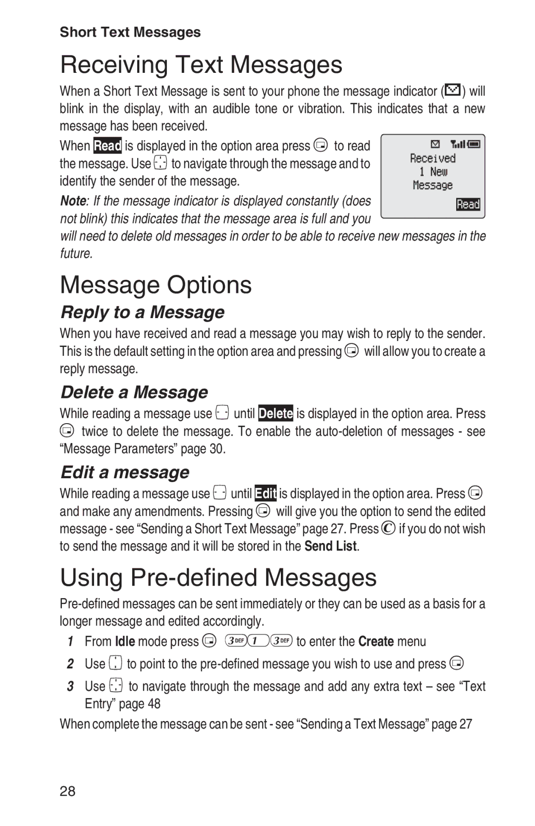 Panasonic EB-GD93 operating instructions Receiving Text Messages, Message Options, Using Pre-defined Messages 