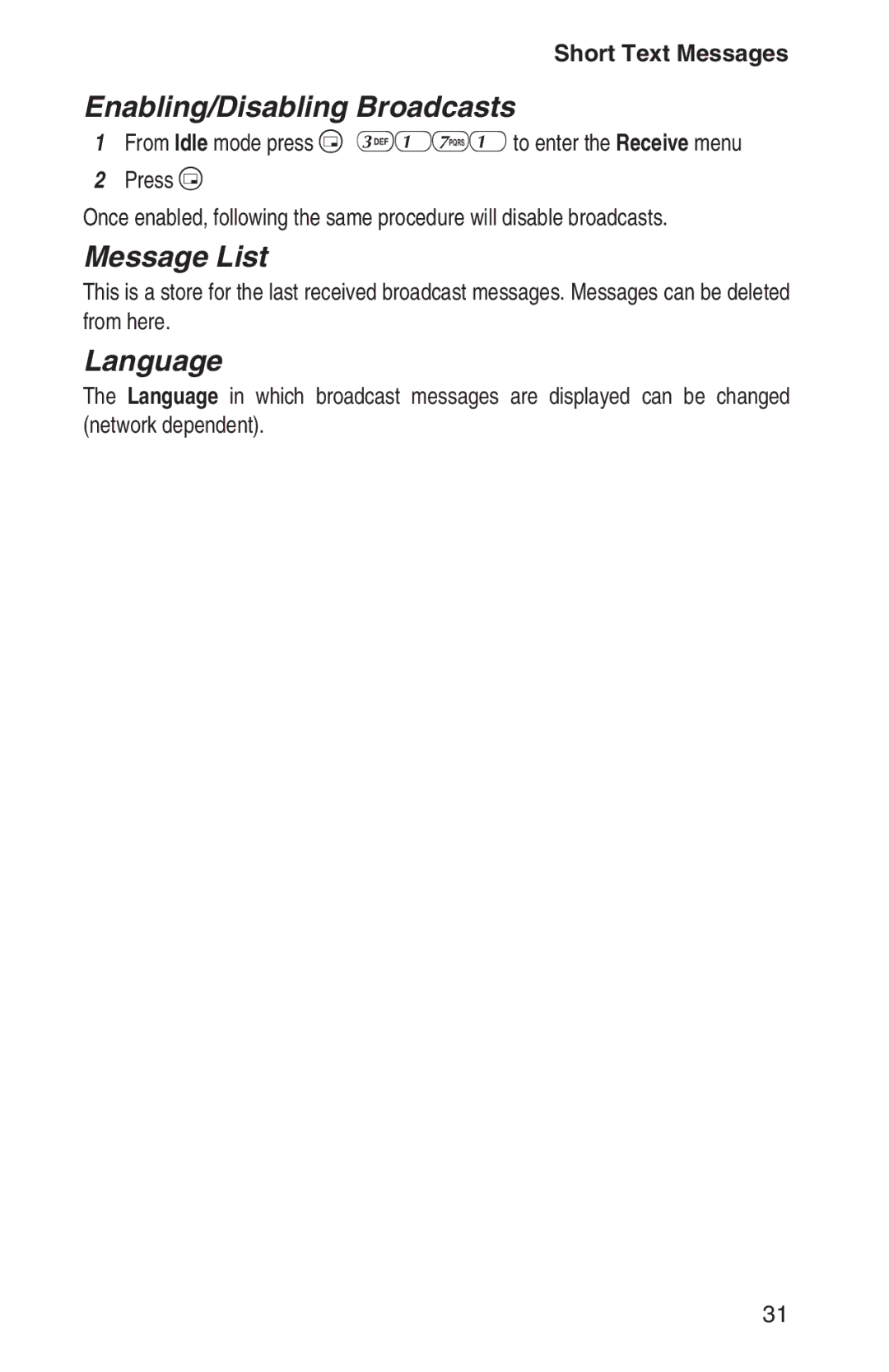 Panasonic EB-GD93 operating instructions Enabling/Disabling Broadcasts, Message List, Language 