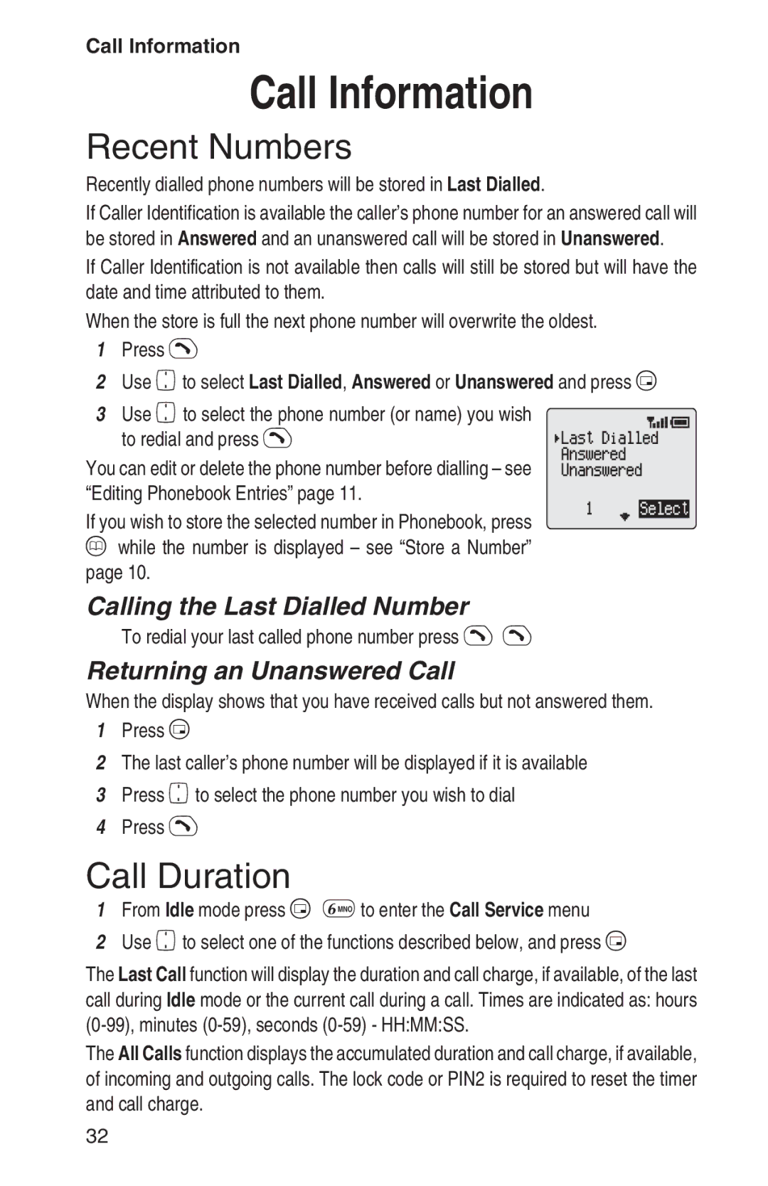 Panasonic EB-GD93 operating instructions Call Information, Recent Numbers, Call Duration, Calling the Last Dialled Number 