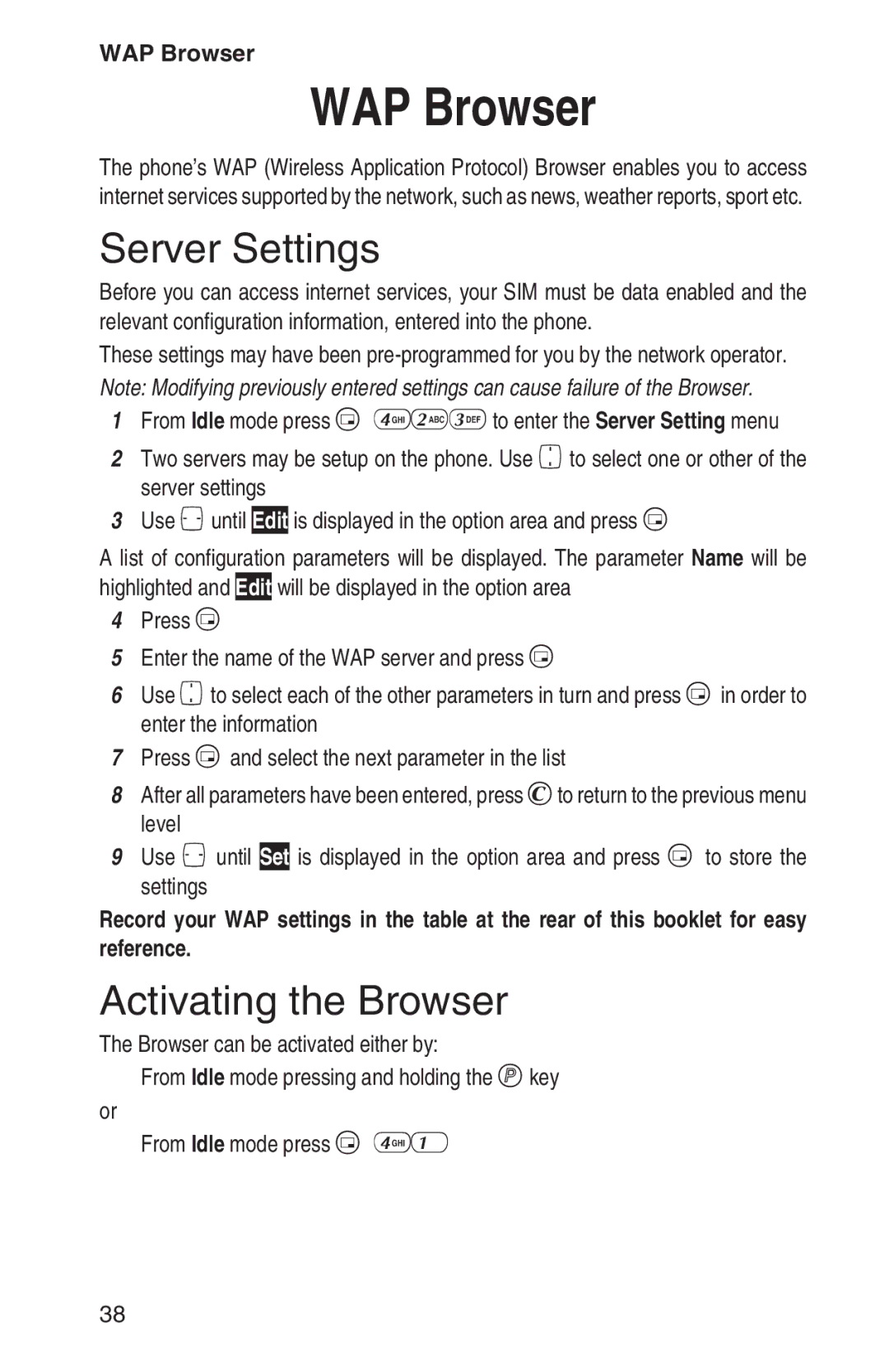 Panasonic EB-GD93 operating instructions WAP Browser, Server Settings, Activating the Browser 