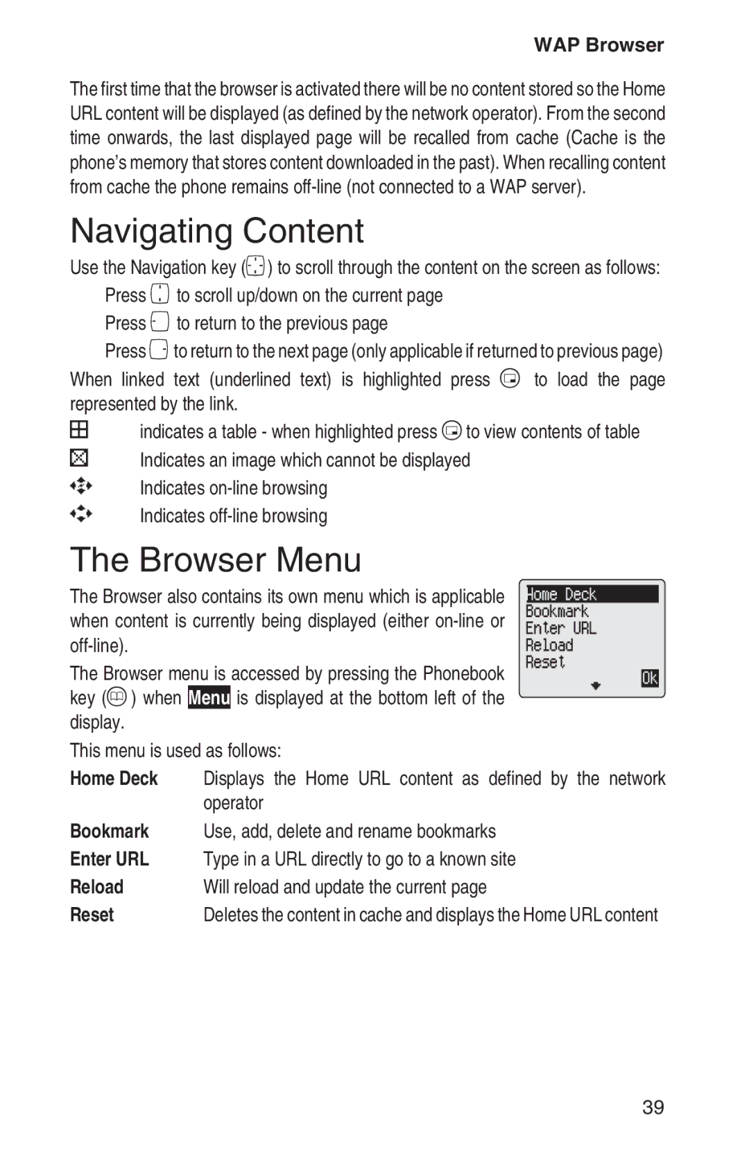 Panasonic EB-GD93 operating instructions Navigating Content, Browser Menu 