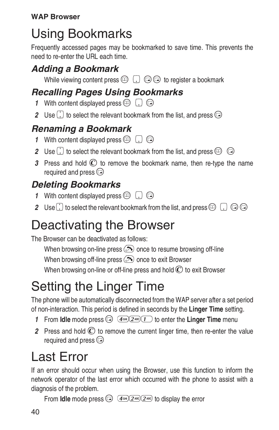 Panasonic EB-GD93 operating instructions Using Bookmarks, Deactivating the Browser, Setting the Linger Time, Last Error 