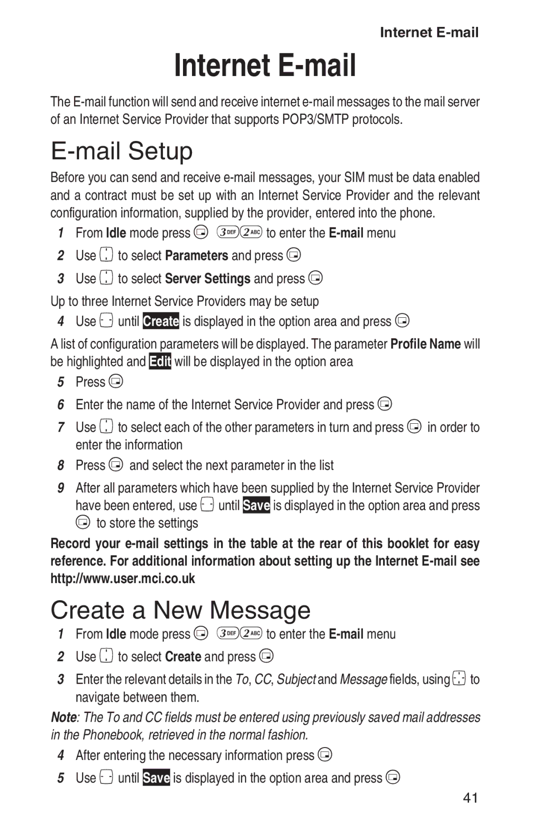 Panasonic EB-GD93 operating instructions Internet E-mail, Mail Setup, Create a New Message 