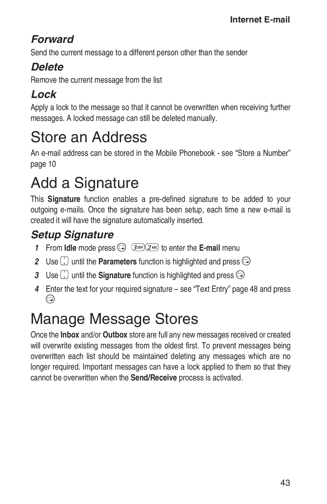 Panasonic EB-GD93 operating instructions Store an Address, Add a Signature, Manage Message Stores 