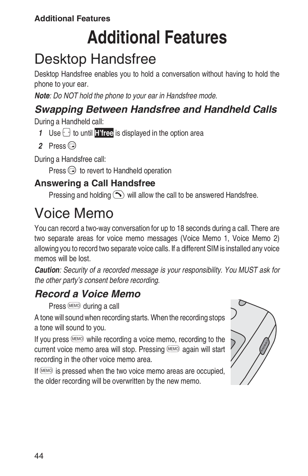 Panasonic EB-GD93 Additional Features, Desktop Handsfree, Voice Memo, Swapping Between Handsfree and Handheld Calls 