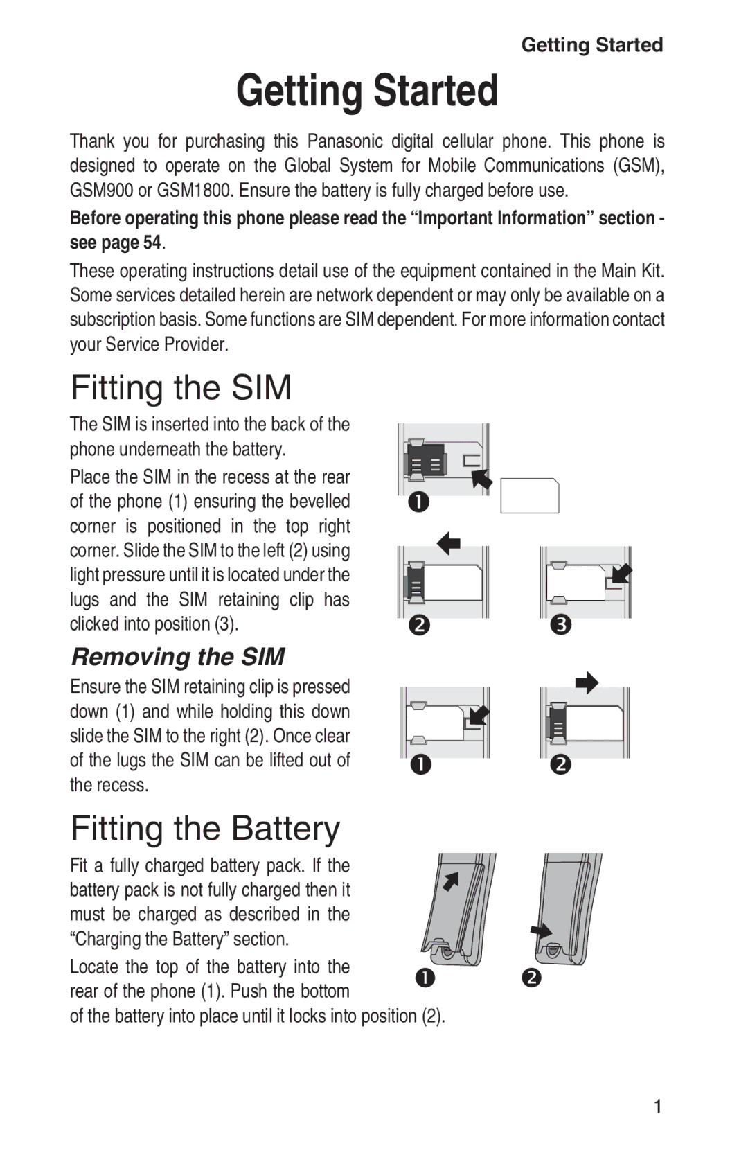 Panasonic EB-GD93 operating instructions Getting Started, Fitting the SIM, Fitting the Battery, Removing the SIM 