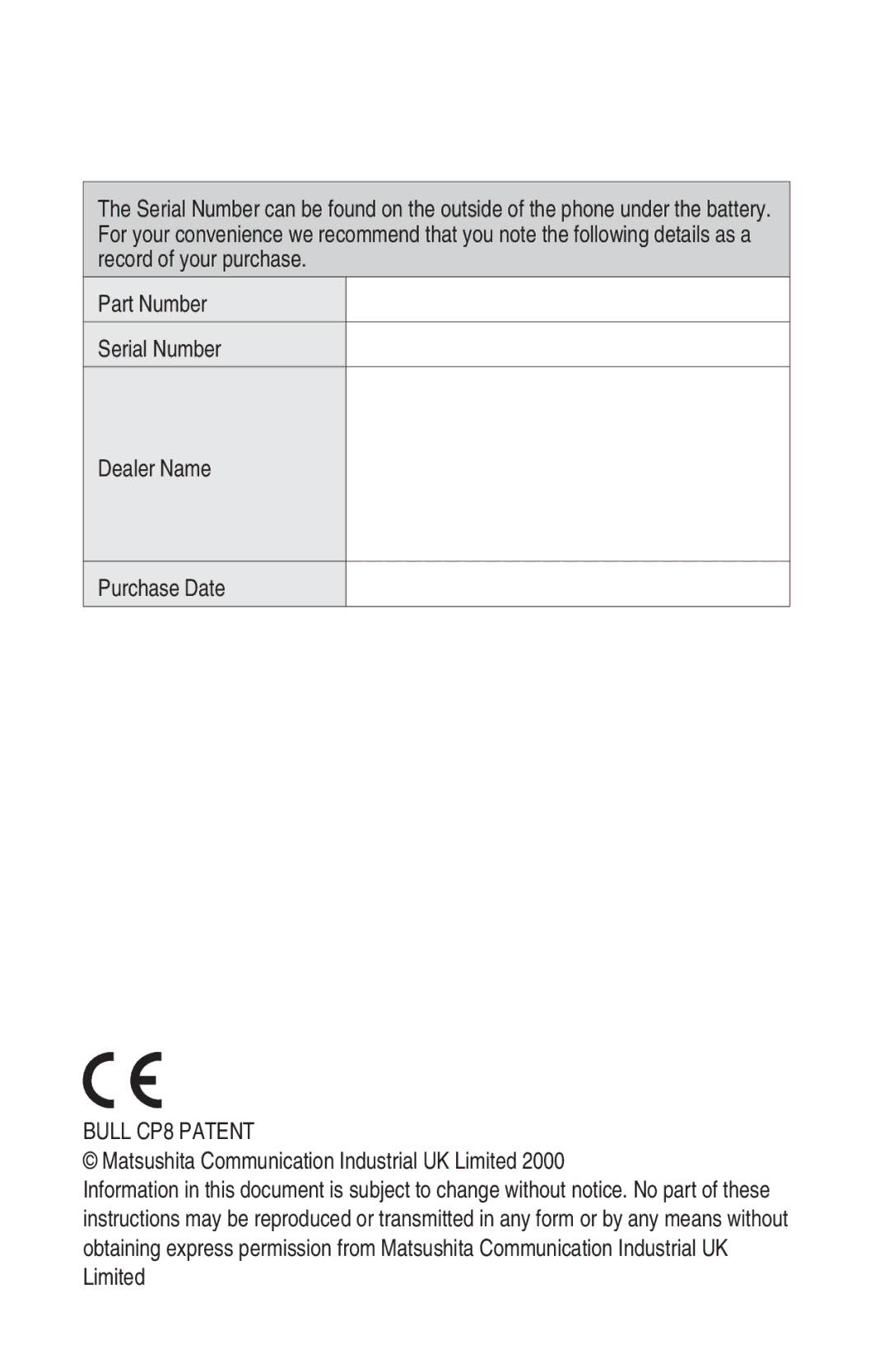 Panasonic EB-GD93 operating instructions Bull CP8 Patent 