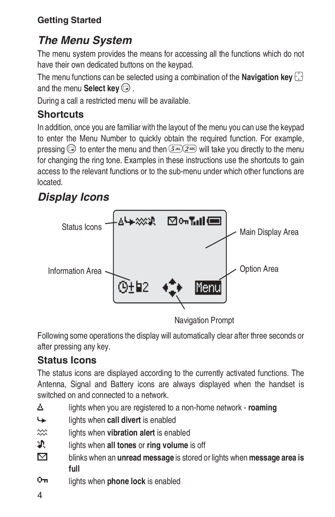 Panasonic EB-GD93 operating instructions Menu System, Display Icons, Shortcuts, Status Icons 