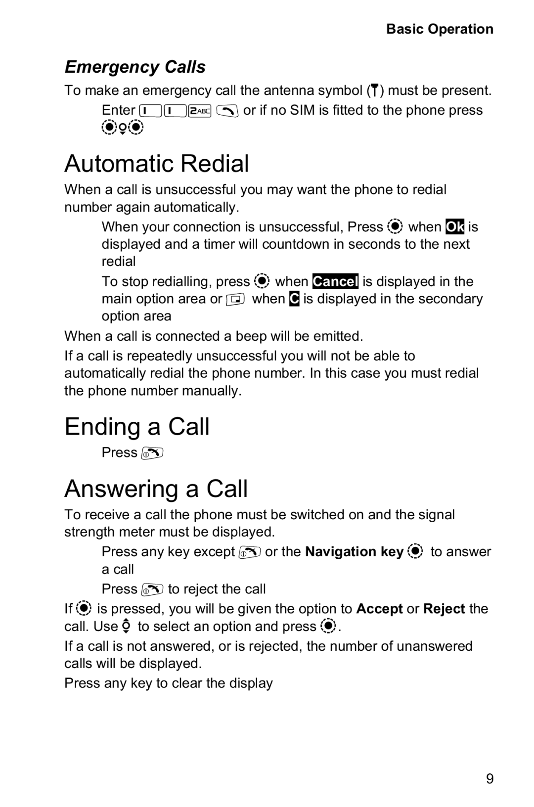 Panasonic EB-GD95 operating instructions Automatic Redial, Ending a Call, Answering a Call, Emergency Calls 