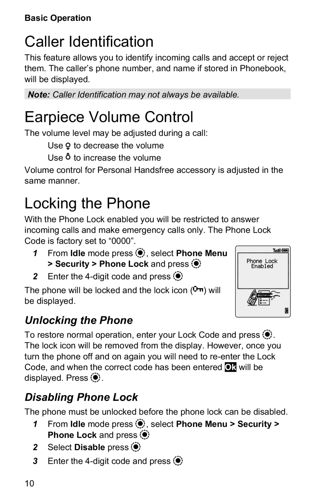 Panasonic EB-GD95 Caller Identification, Earpiece Volume Control, Locking the Phone, Unlocking the Phone 