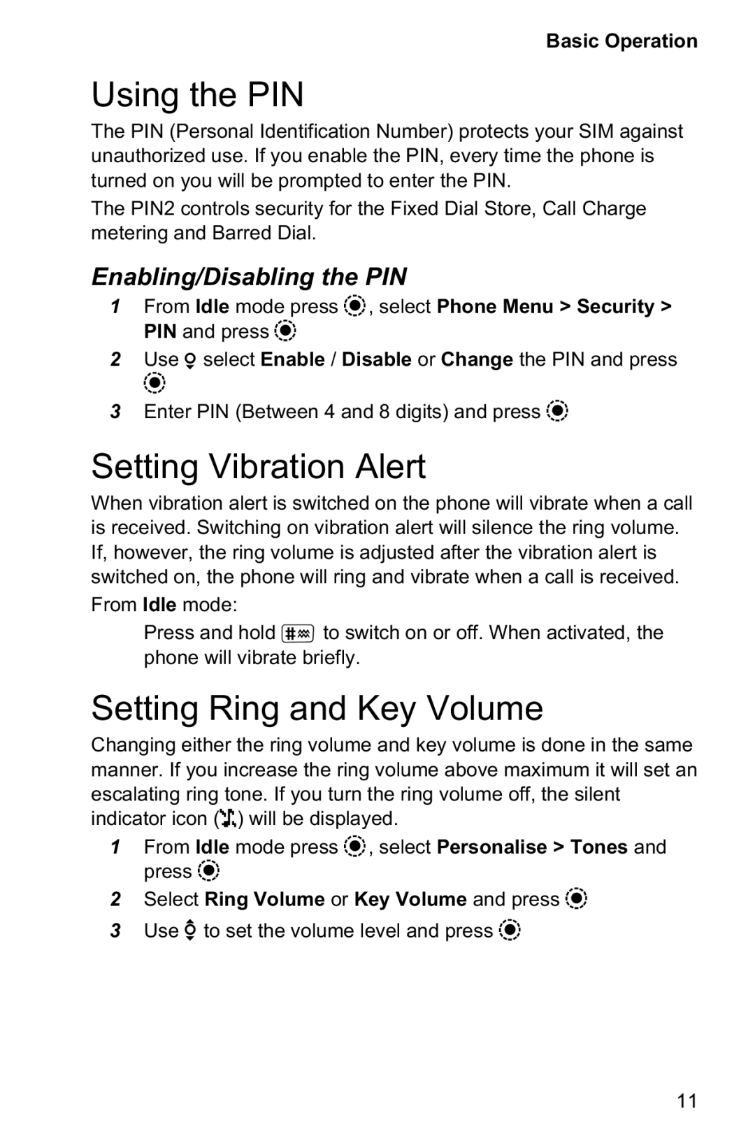 Panasonic EB-GD95 Using the PIN, Setting Vibration Alert, Setting Ring and Key Volume, Enabling/Disabling the PIN 