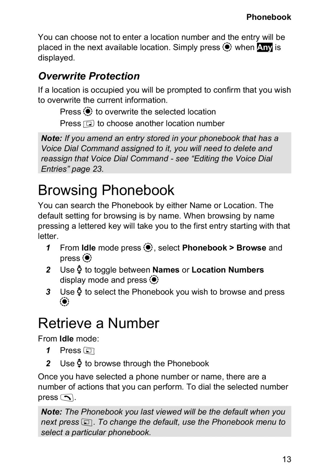 Panasonic EB-GD95 operating instructions Browsing Phonebook, Retrieve a Number, Overwrite Protection 