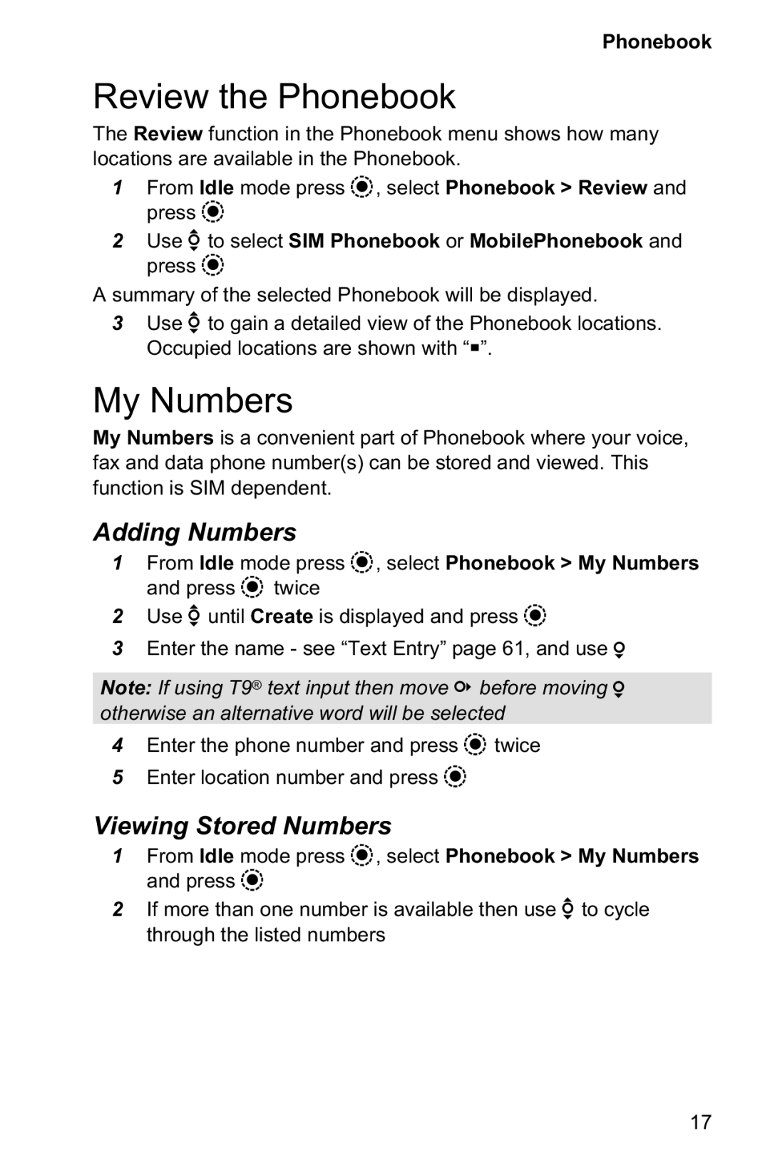 Panasonic EB-GD95 operating instructions Review the Phonebook, My Numbers, Adding Numbers, Viewing Stored Numbers 