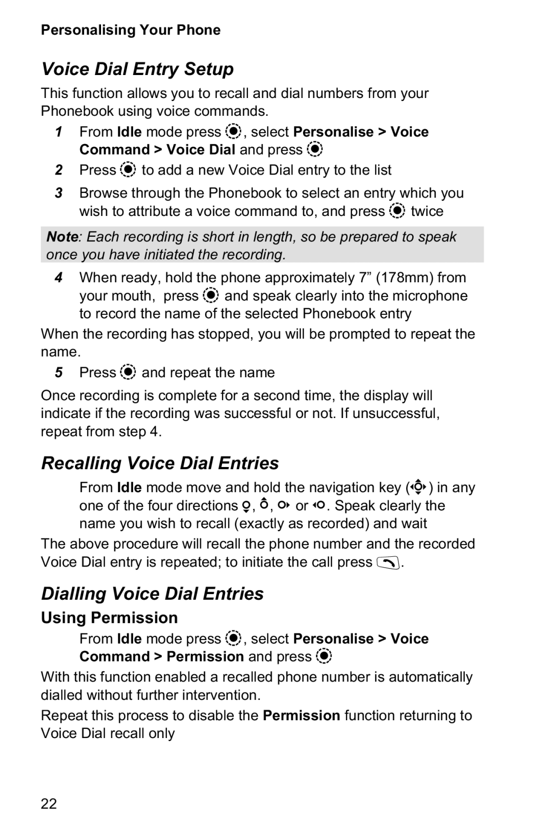 Panasonic EB-GD95 operating instructions Voice Dial Entry Setup, Recalling Voice Dial Entries, Dialling Voice Dial Entries 