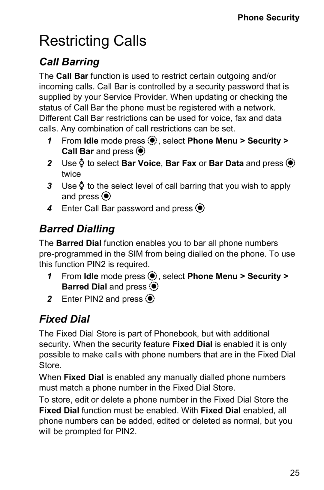 Panasonic EB-GD95 operating instructions Restricting Calls, Call Barring, Barred Dialling, Fixed Dial 