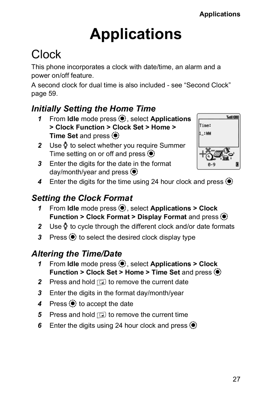 Panasonic EB-GD95 Applications, Initially Setting the Home Time, Setting the Clock Format, Altering the Time/Date 