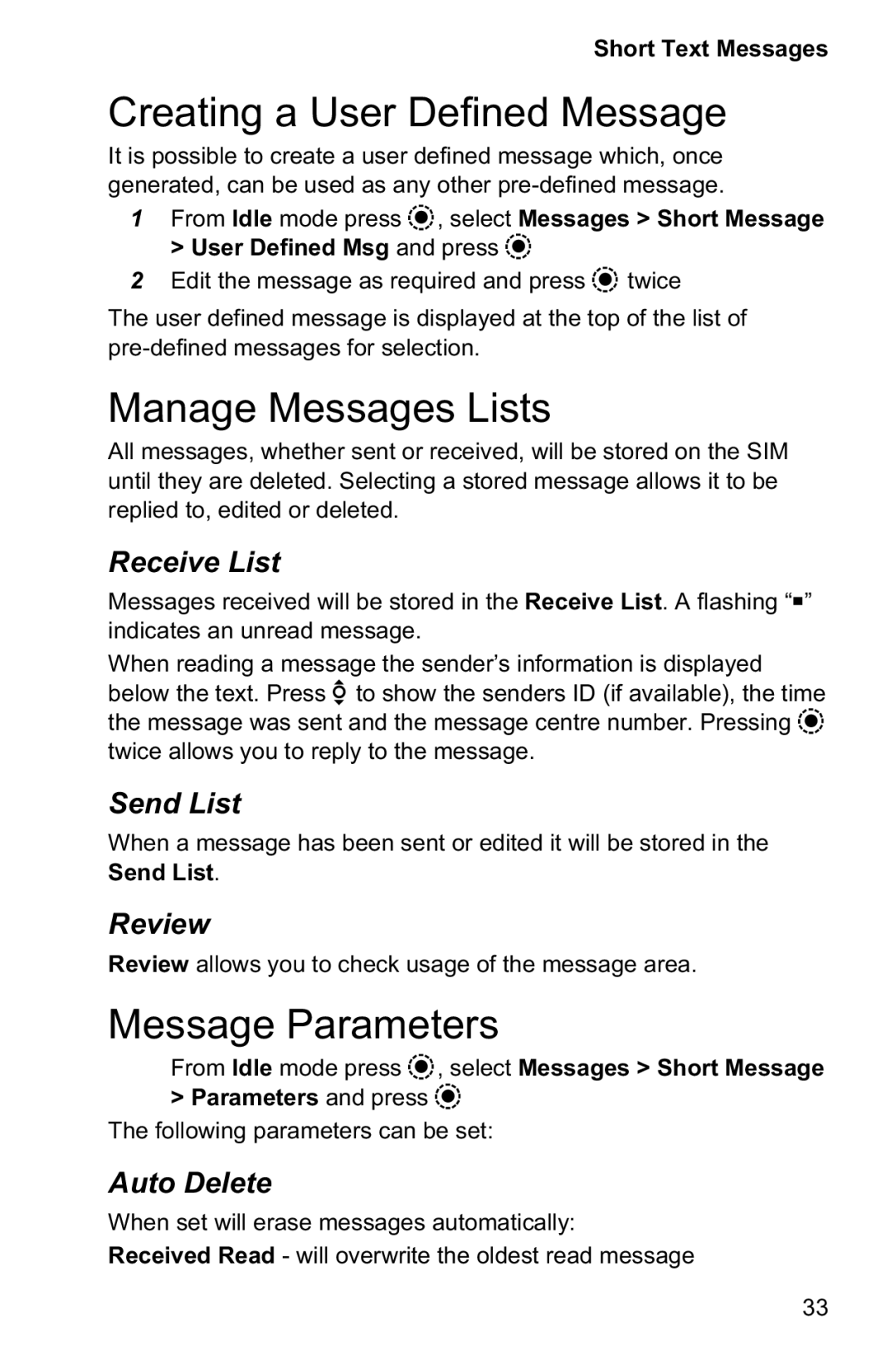 Panasonic EB-GD95 operating instructions Creating a User Defined Message, Manage Messages Lists, Message Parameters 