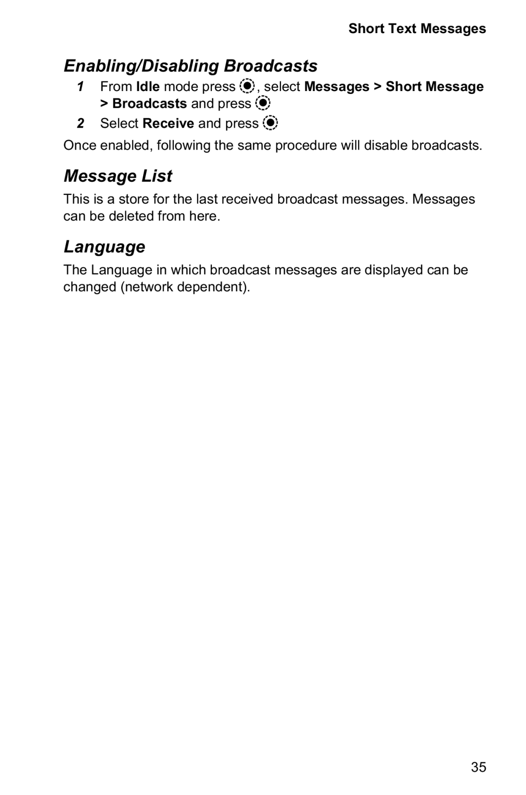 Panasonic EB-GD95 operating instructions Enabling/Disabling Broadcasts, Message List, Language 