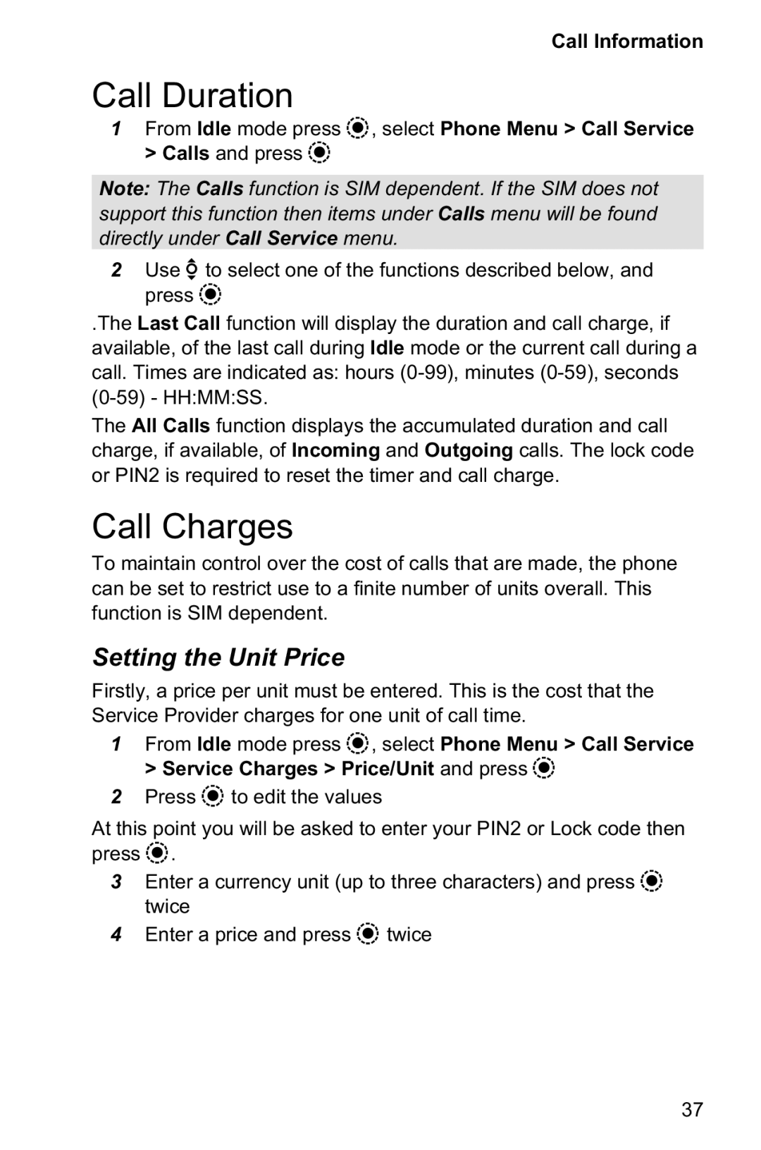 Panasonic EB-GD95 operating instructions Call Duration, Call Charges, Setting the Unit Price 