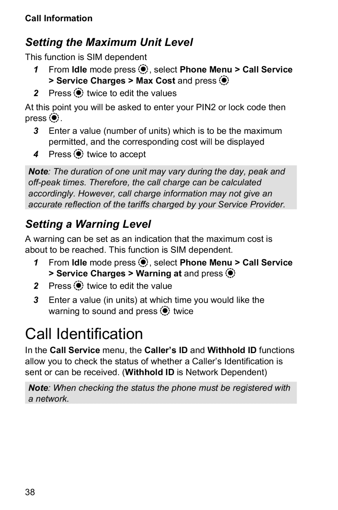 Panasonic EB-GD95 operating instructions Call Identification, Setting the Maximum Unit Level, Setting a Warning Level 