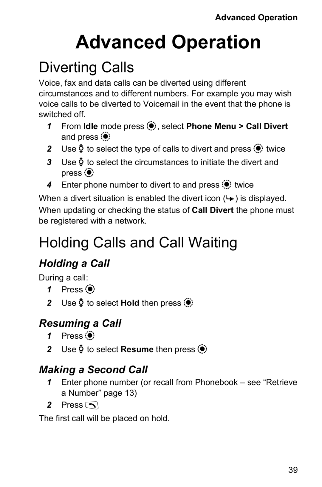 Panasonic EB-GD95 operating instructions Advanced Operation, Diverting Calls, Holding Calls and Call Waiting 