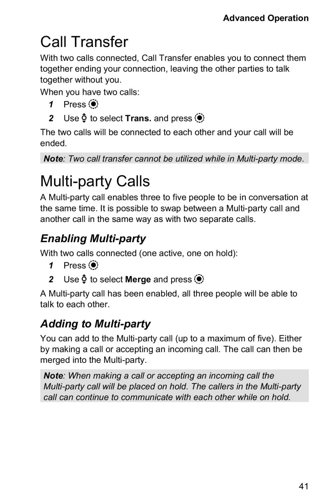 Panasonic EB-GD95 operating instructions Call Transfer, Multi-party Calls, Enabling Multi-party, Adding to Multi-party 