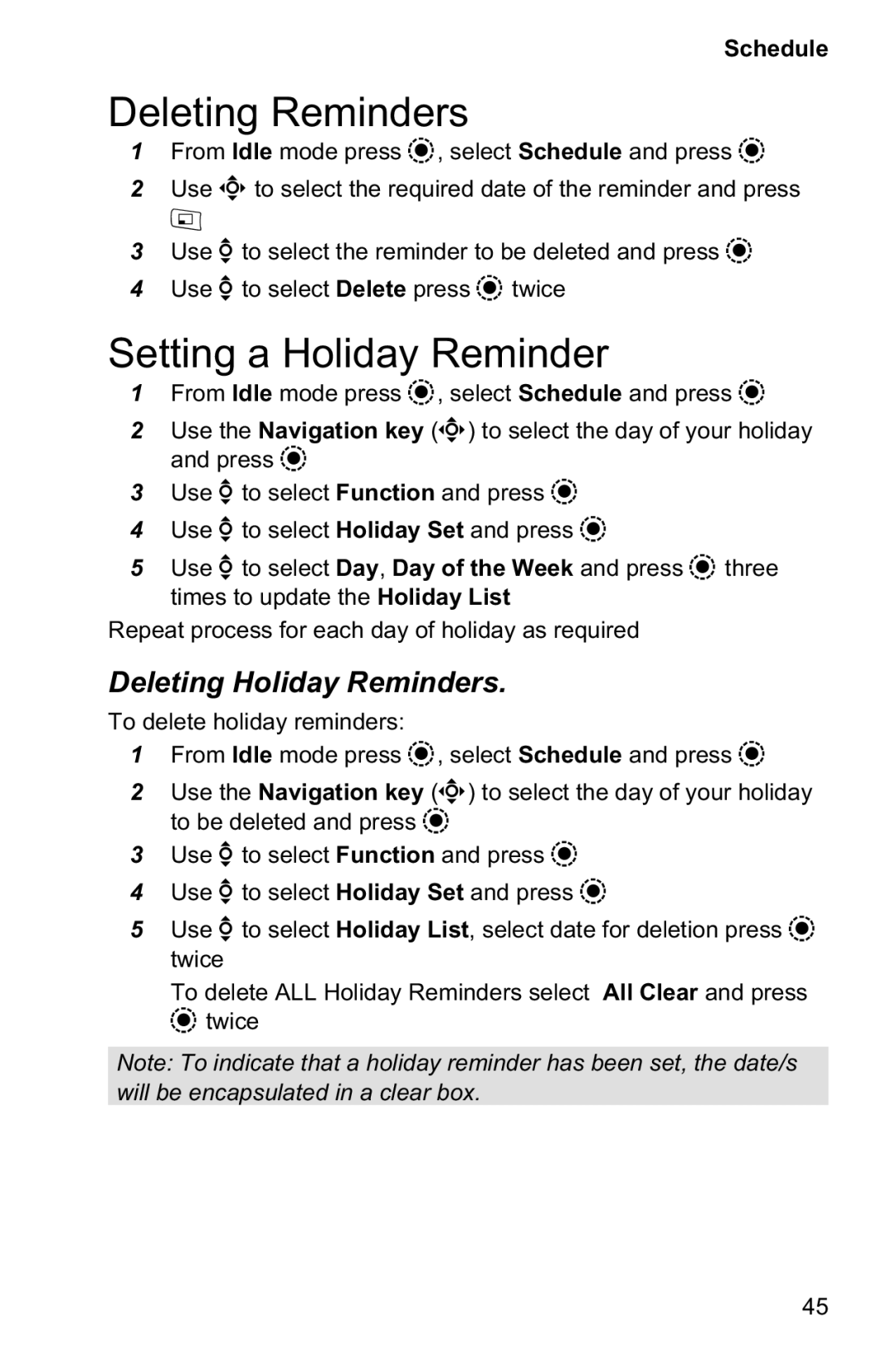 Panasonic EB-GD95 operating instructions Deleting Reminders, Setting a Holiday Reminder, Deleting Holiday Reminders 