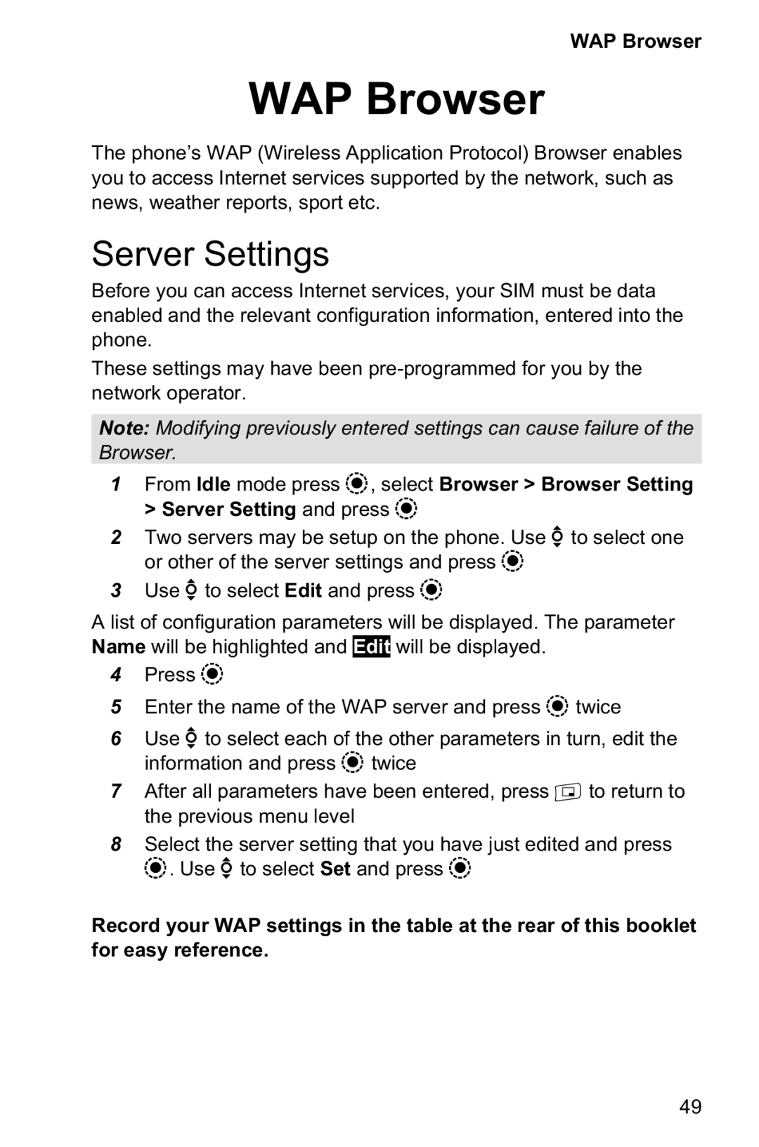 Panasonic EB-GD95 operating instructions WAP Browser, Server Settings 